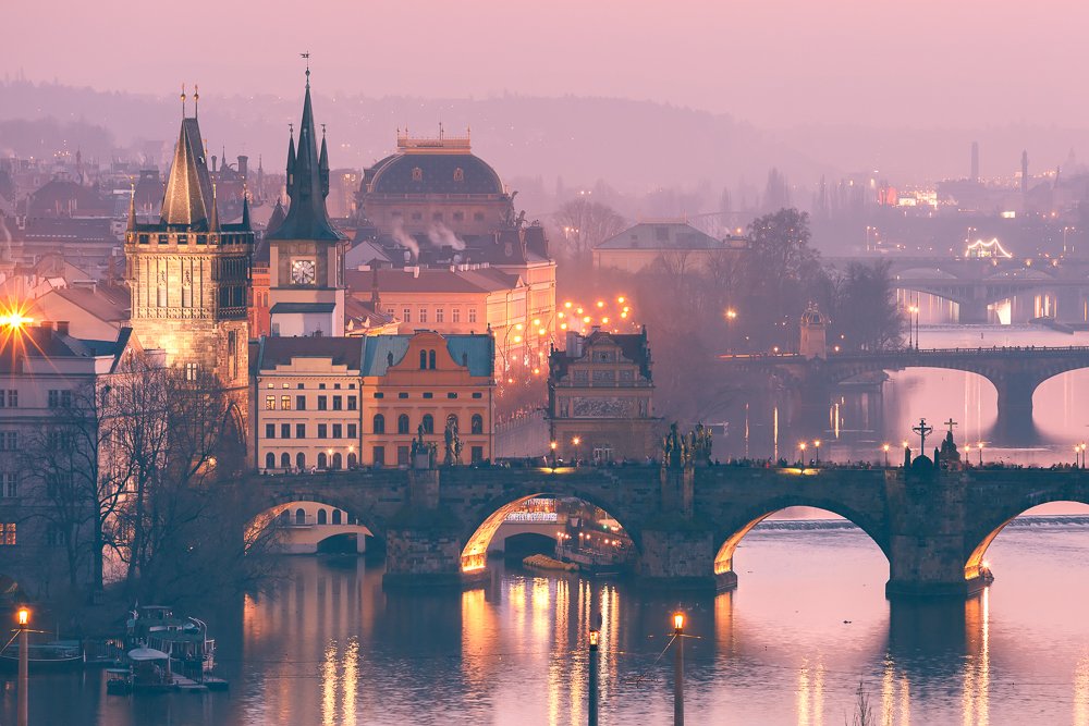 Прага, мост, ночь, вечер, мост, башня, Влтава, река, Чехия, Коваленкова Ольга