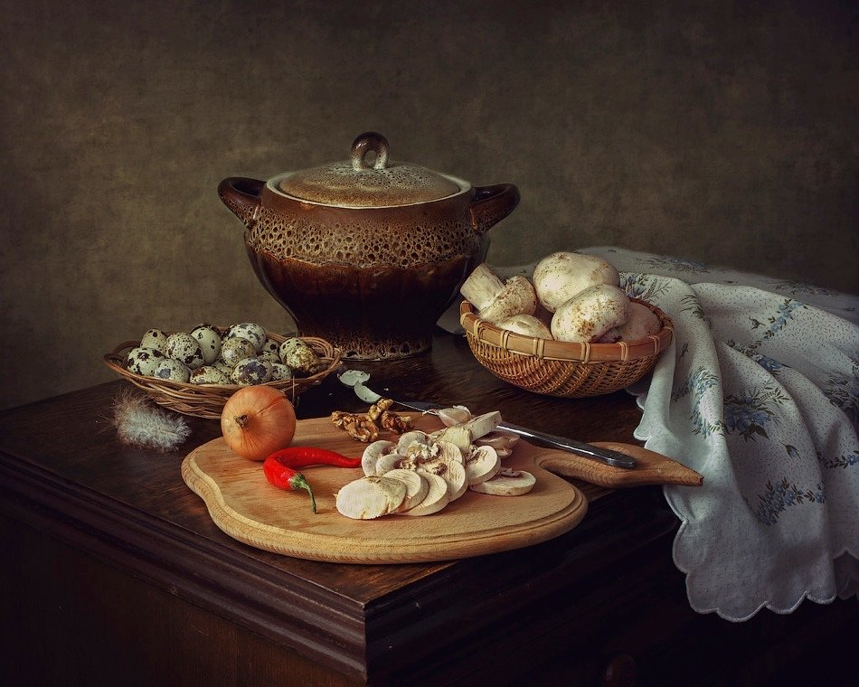 натюрморт, шампиньоны, овощи, перепелиные яйца, горшок, Ирина Приходько