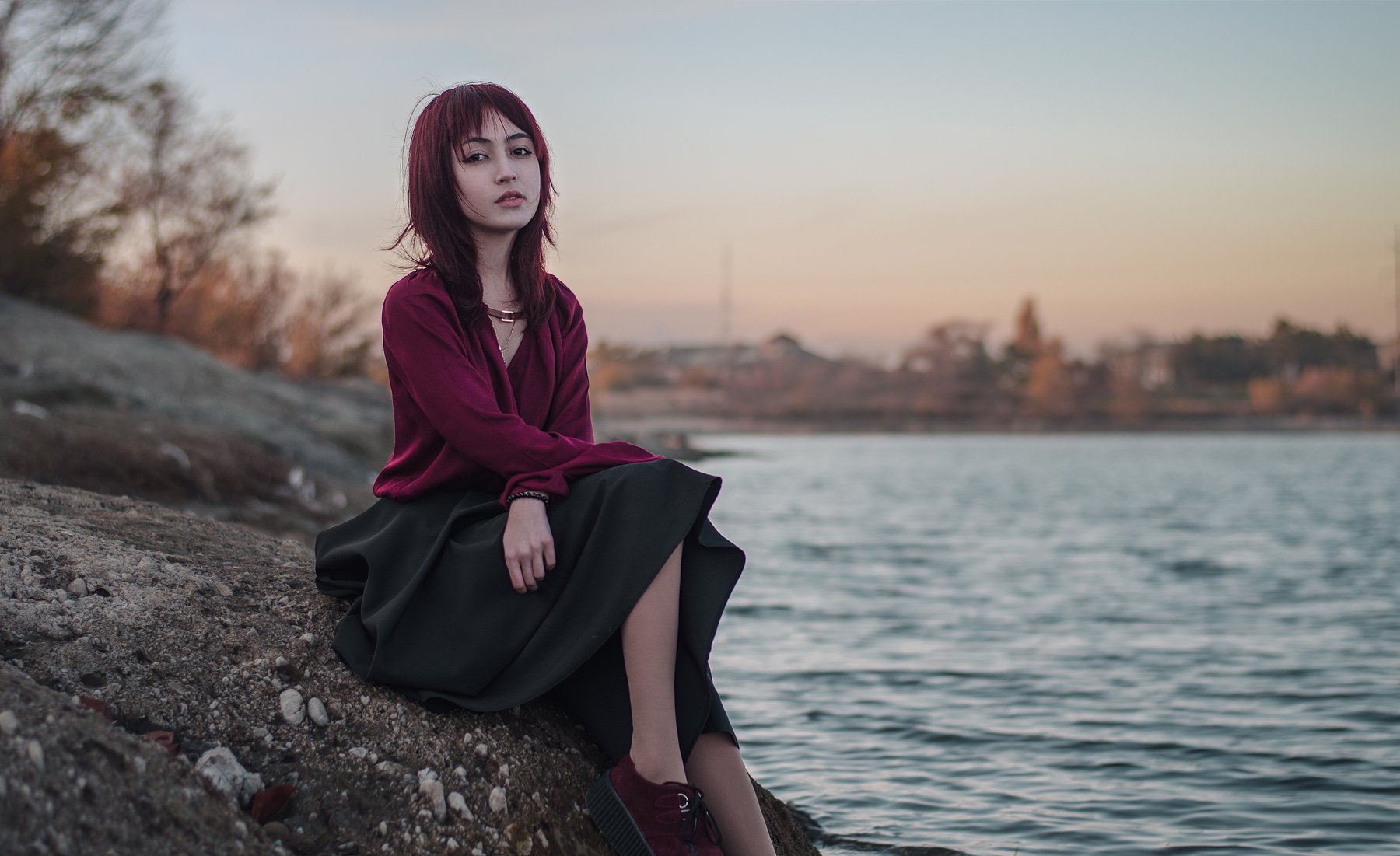 girl, red, portret, hair, leaf, beautiful, lake, Леонид Щеглов