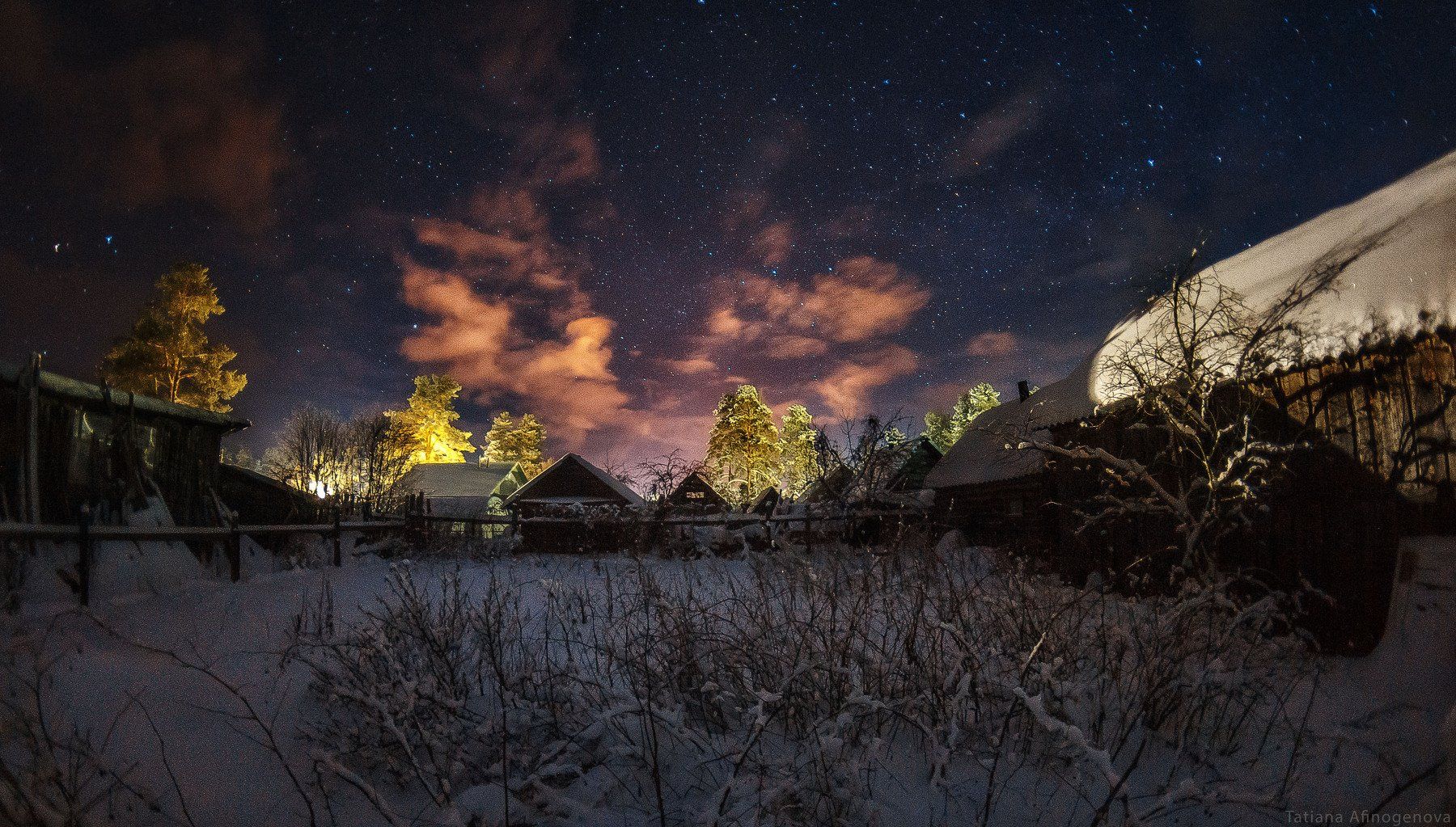 ночь звезды зима снег облака огни дома мороз пеленг, Татьяна Афиногенова