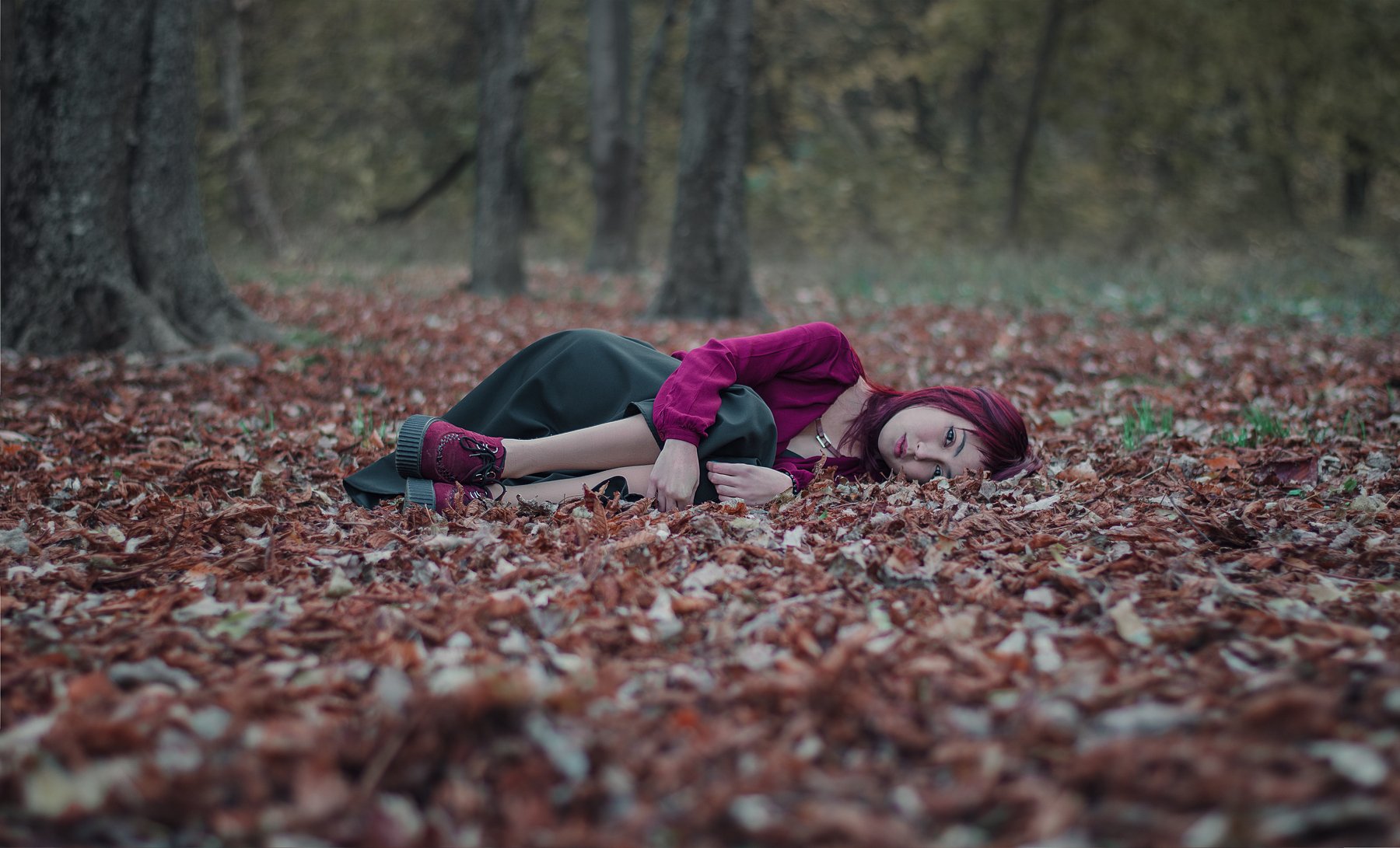 girl, red, portret, hair, leaf, beautiful, autumn, Леонид Щеглов