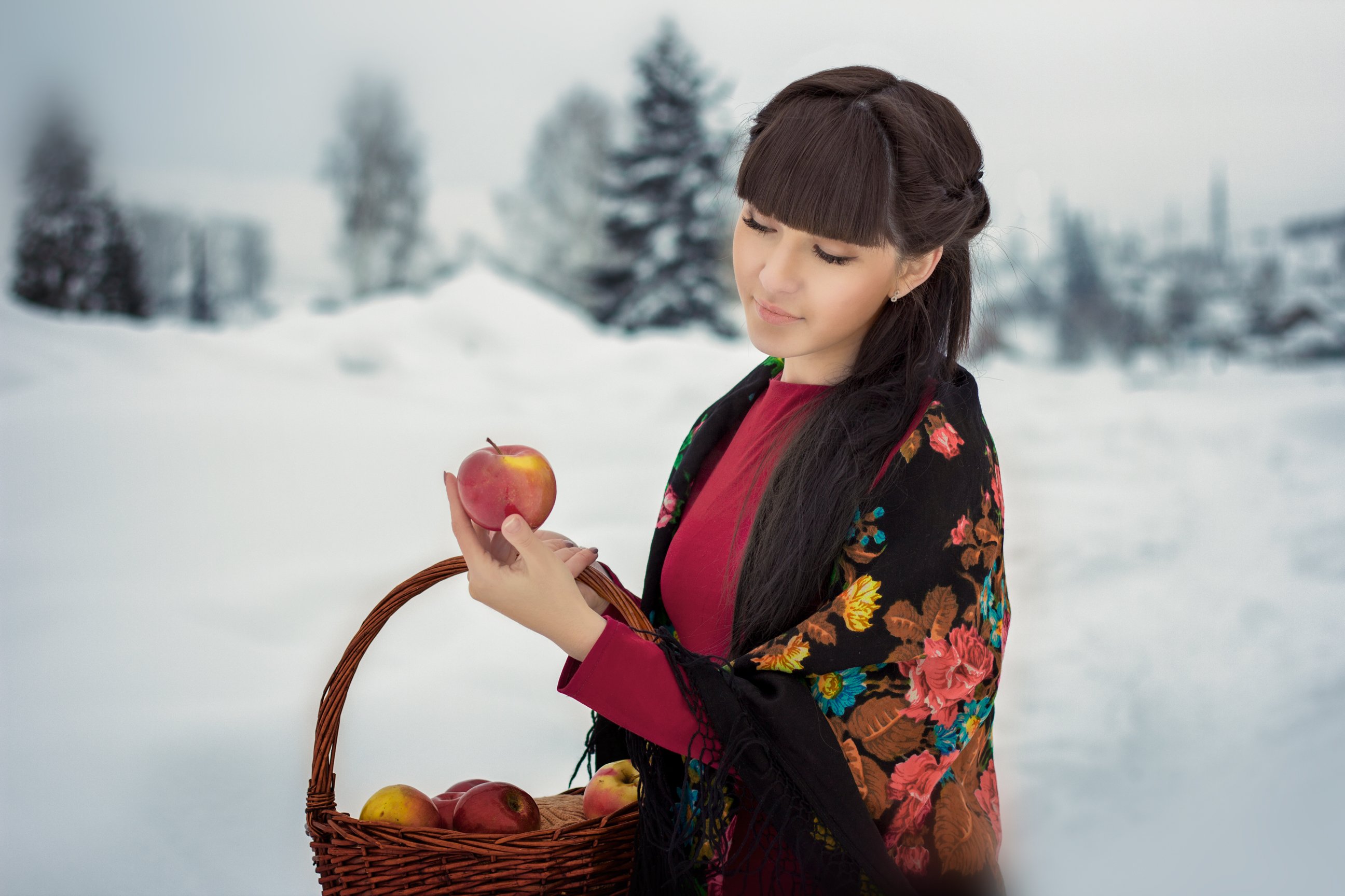 girl, snow, apple, whinter, red, hair, beauty, Виноградова Анастасия