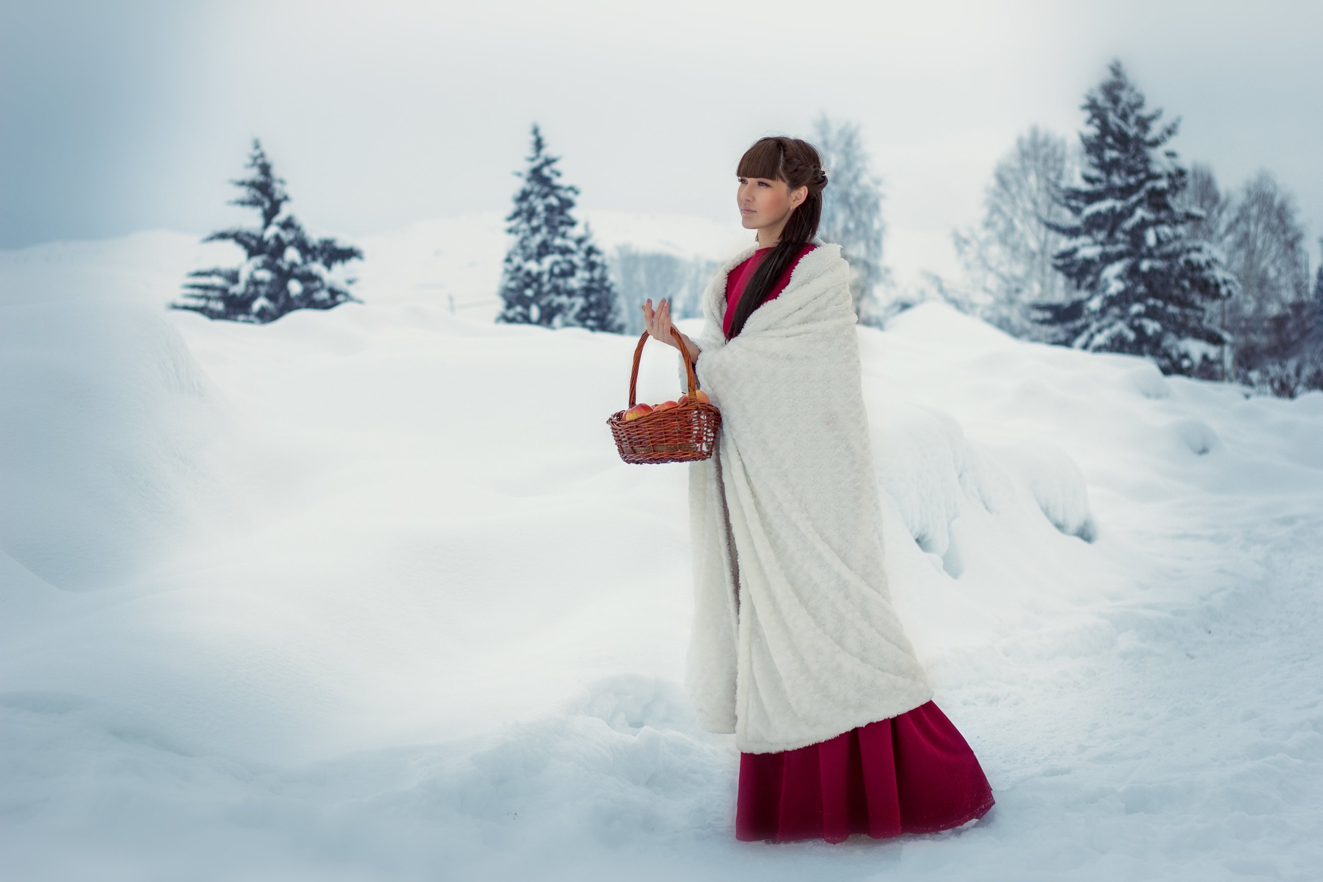 girl, winter, snow, apples, red, dress, reddress, hair, beauty, Виноградова Анастасия