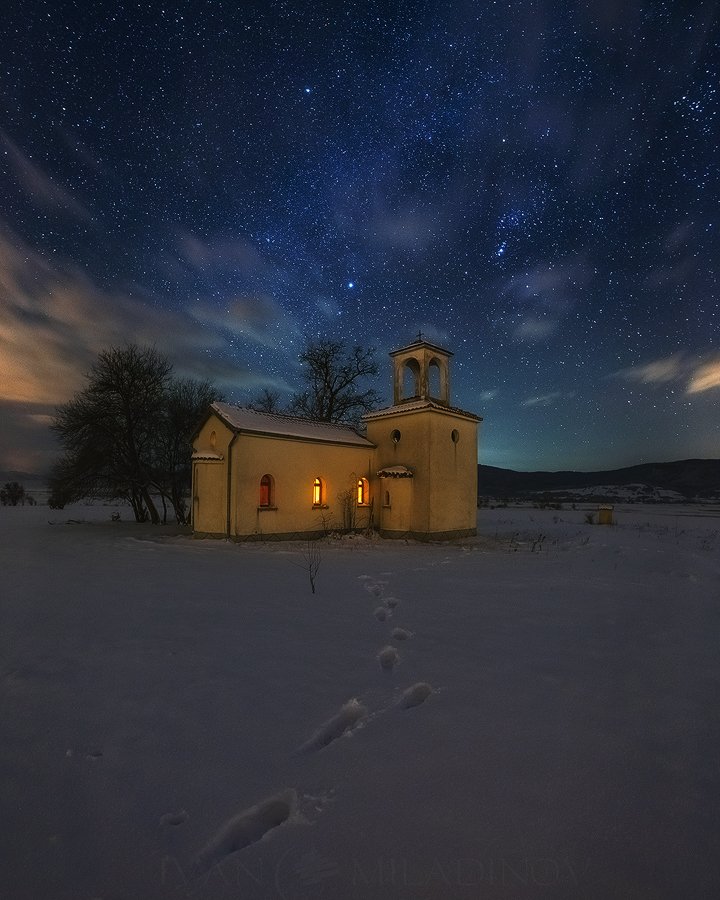 chapel, stars, night, church, snow, , Ivan Miladinov
