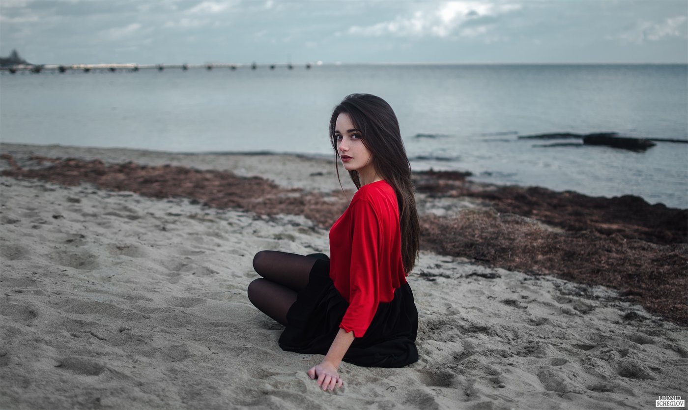 girl, red, portret, hair, beautiful, sea, Леонид Щеглов