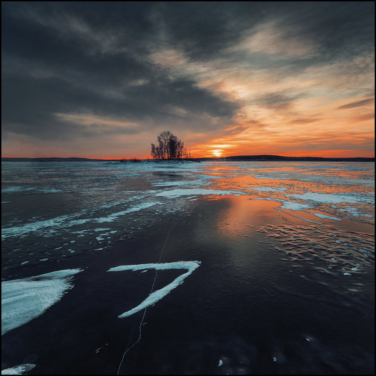 закат, зима, лед, озеро, Илья Бисеров