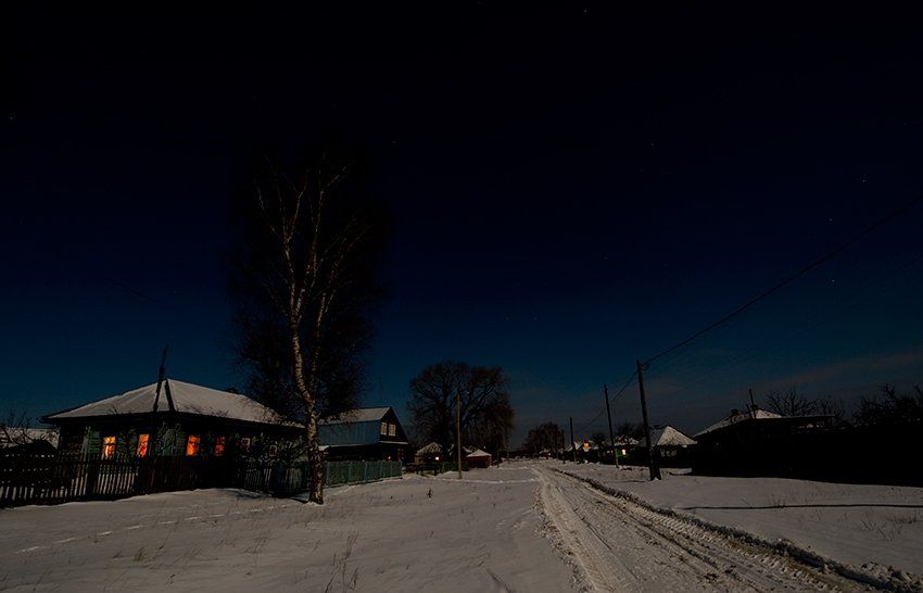 новый год, ночь, деревня, снег, улица, дома, деревья, звёзды, Андрей Алексеев