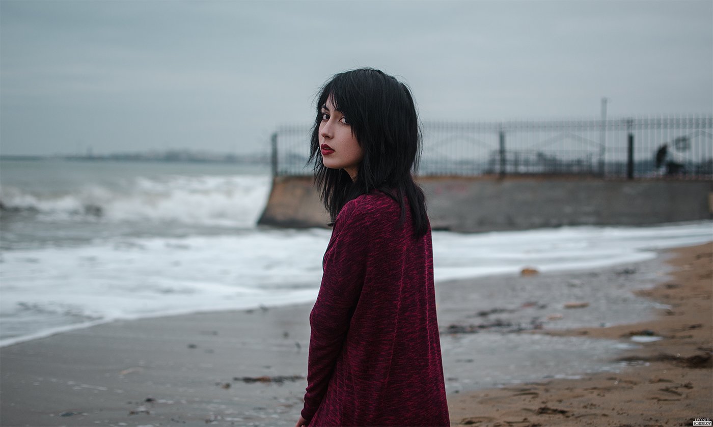 girl, red, portret, hair, beautiful, sea, Леонид Щеглов