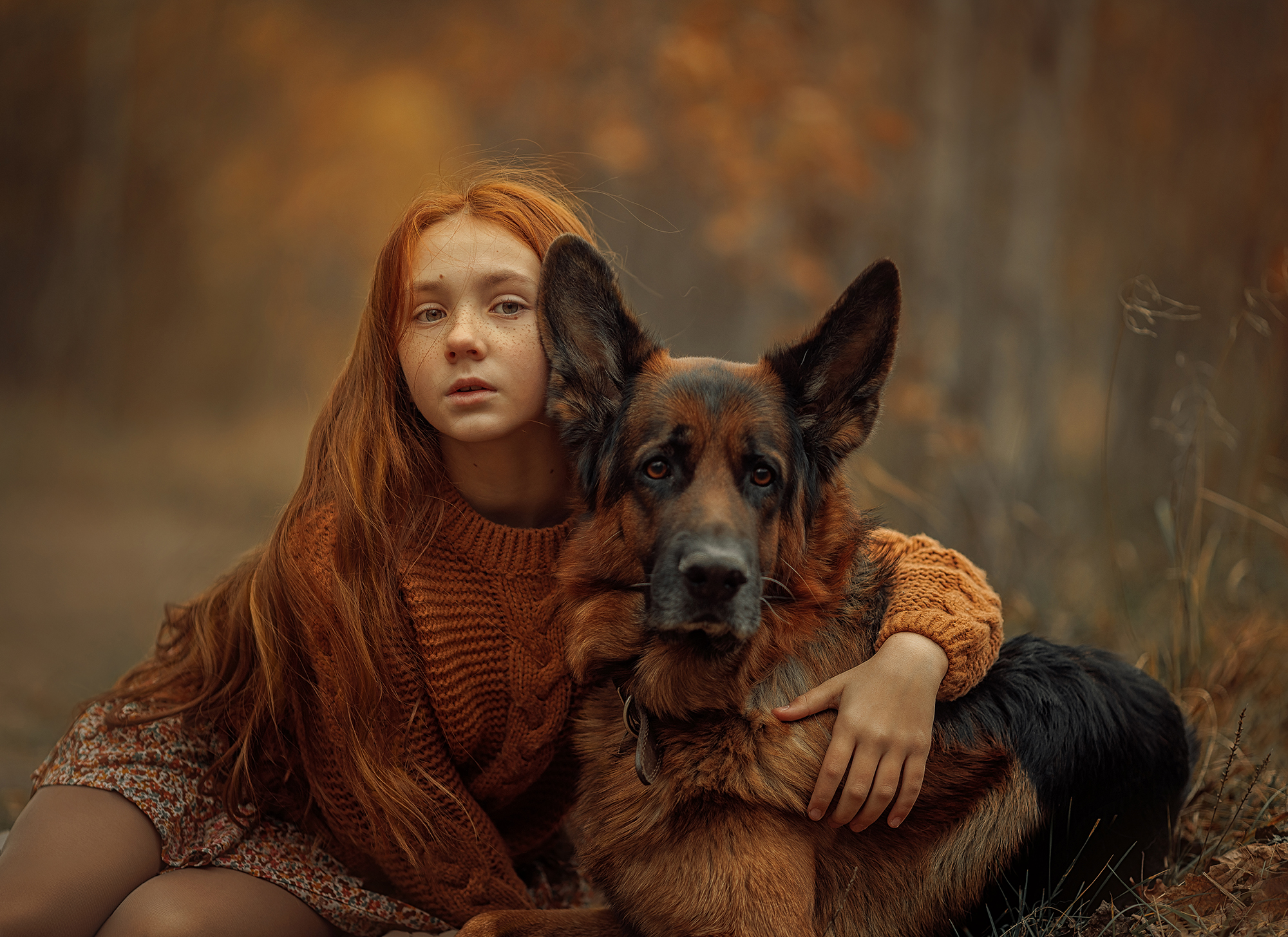 девочка, портрет, рыжик, ребенок, детский, детская, собака, питомец, друзья, дружба, осень, немецкая овчарка, Онучина Юлия