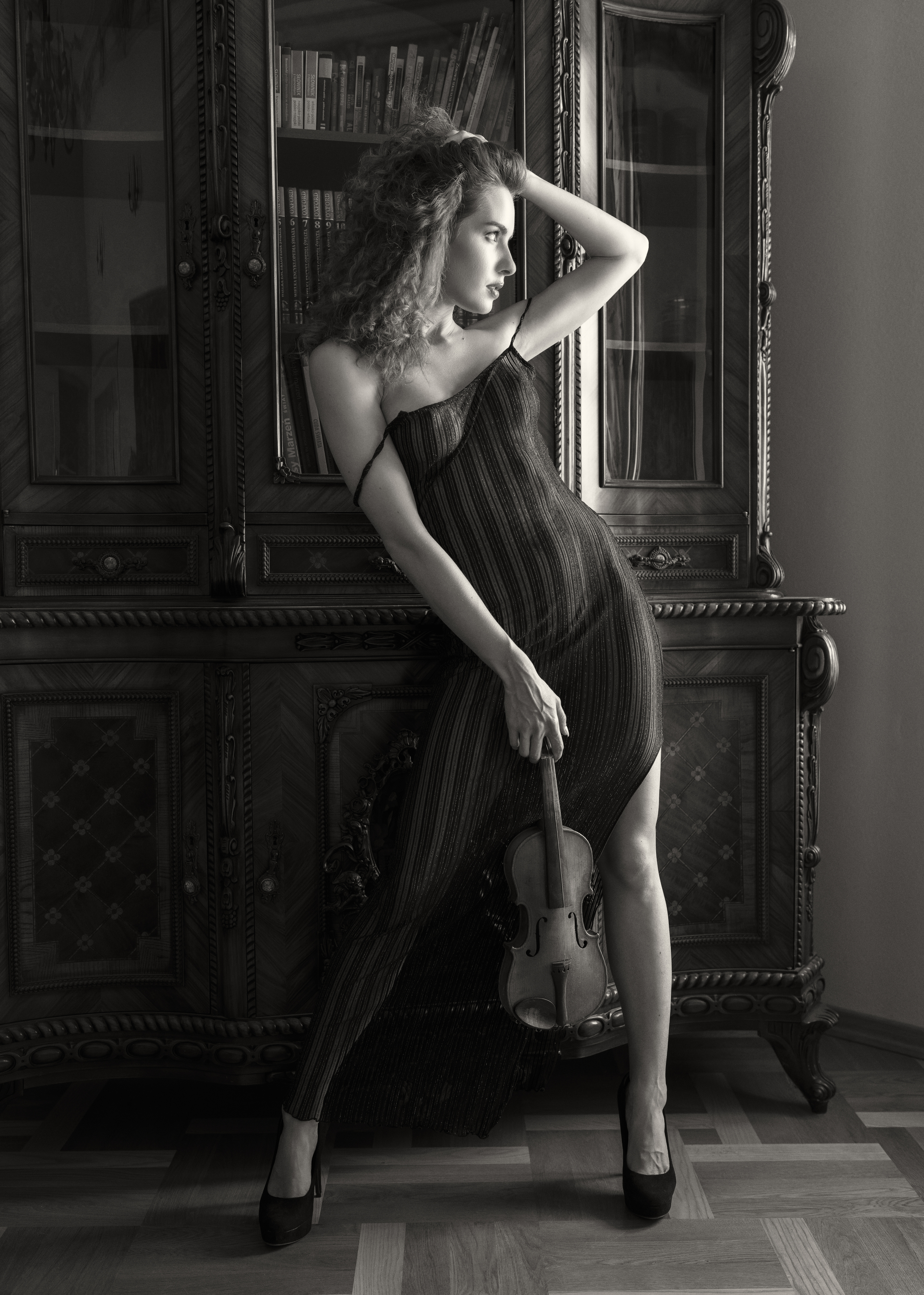 antique furniture, artistic portrait, beautiful woman, bookcase background, dress, elegant pose, femininity, front view, grace, high heels, indoors, monochrome, musical instrument, one person, pensive look, standing, vintage aesthetic, violin, young woman, Alex Tsarfin