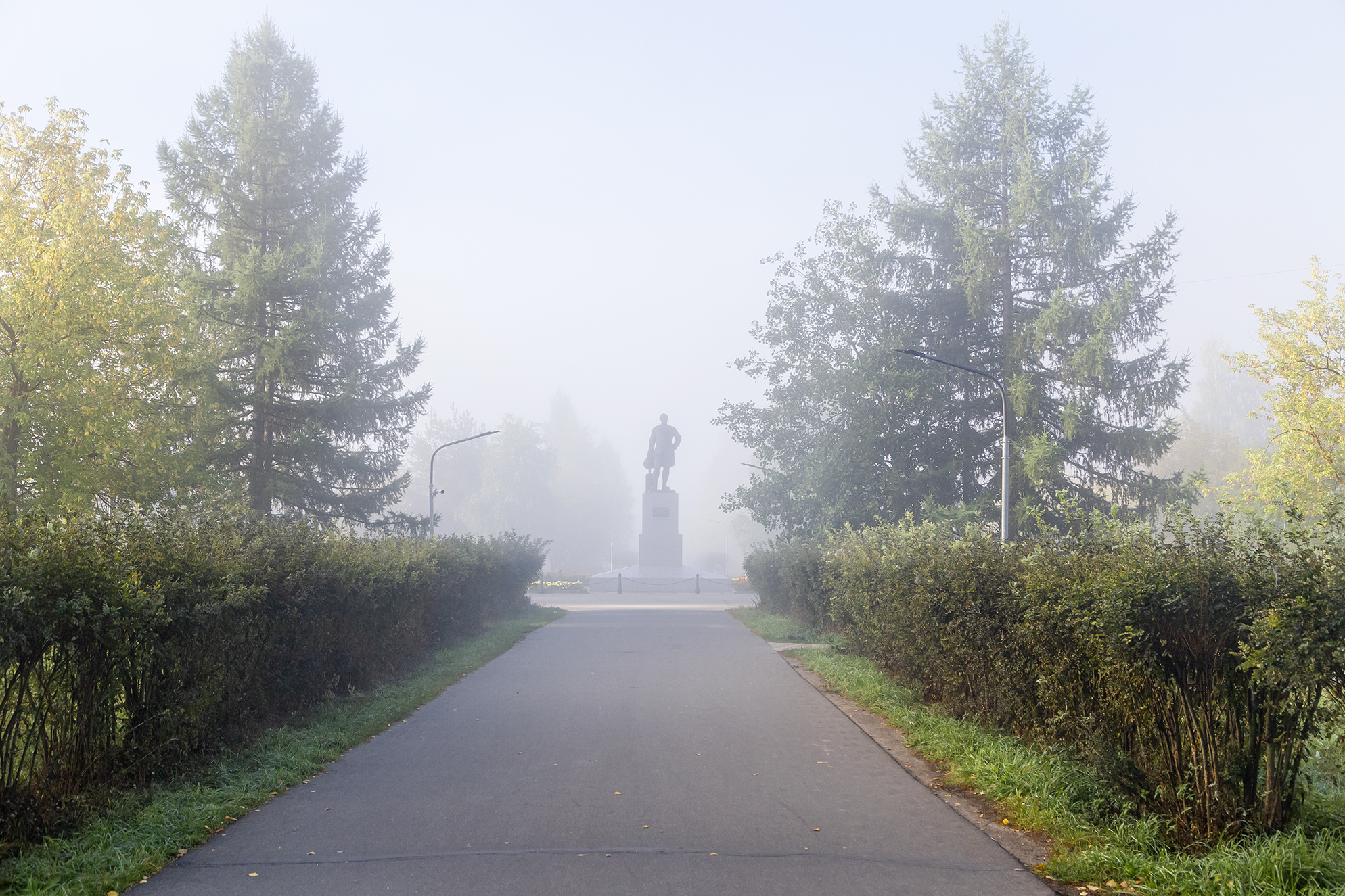 парк, утро, туман, памятник, ломоносов, коряжма., Анкудинов Леонид