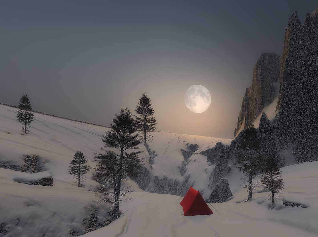 пейзаж, природа, зима, горы, палатка, снег, небо, луна, DX