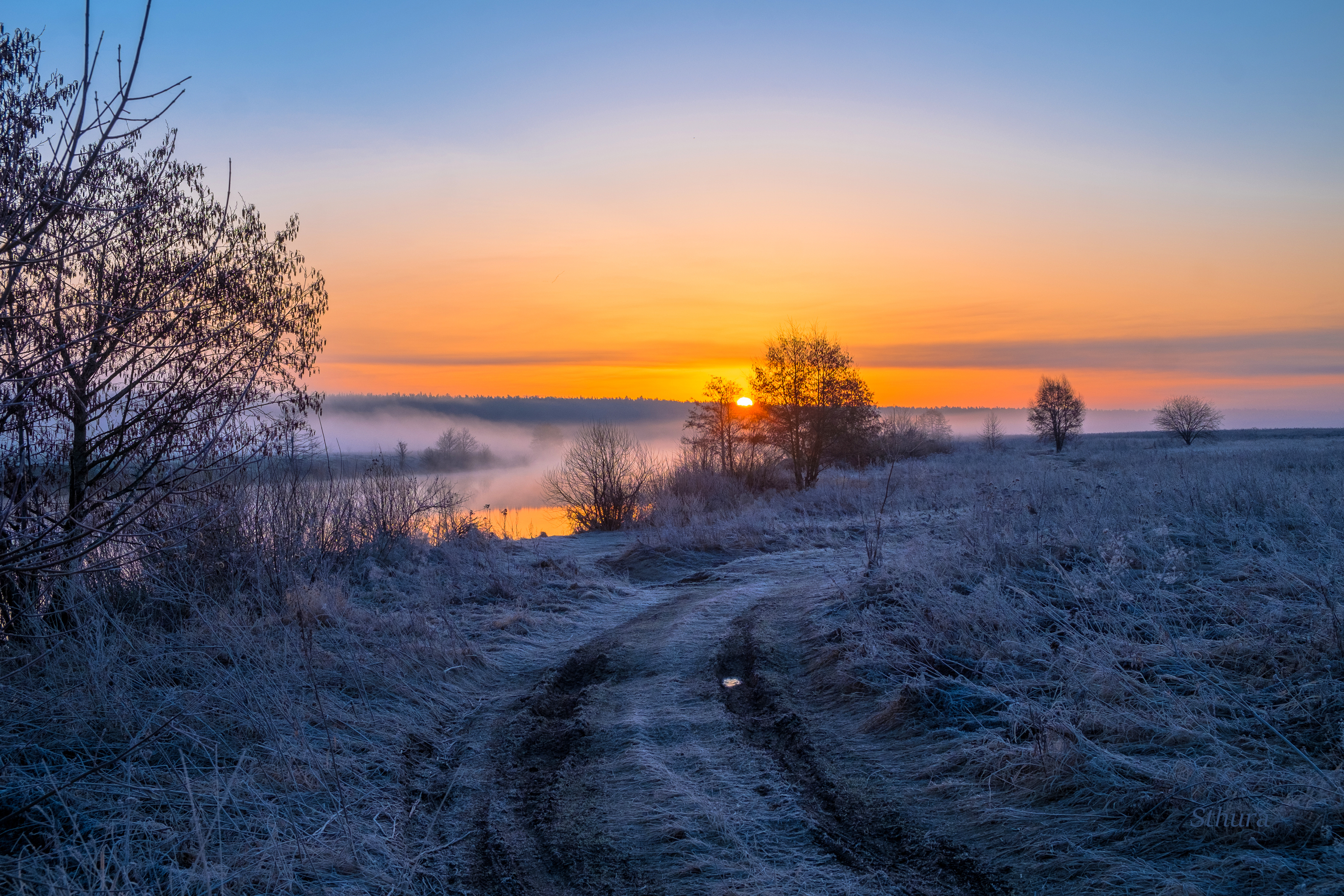 весна рассвет озеро дорога иней природа пейзаж, Александр Строков