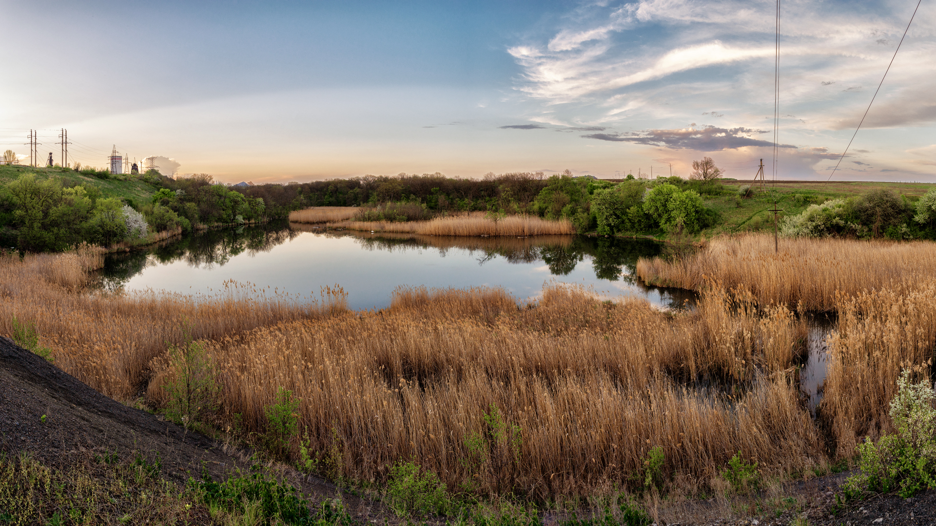 Пейзаж, природа, ставок, водоём, тростник, облака, деревья, Диденко Юрий