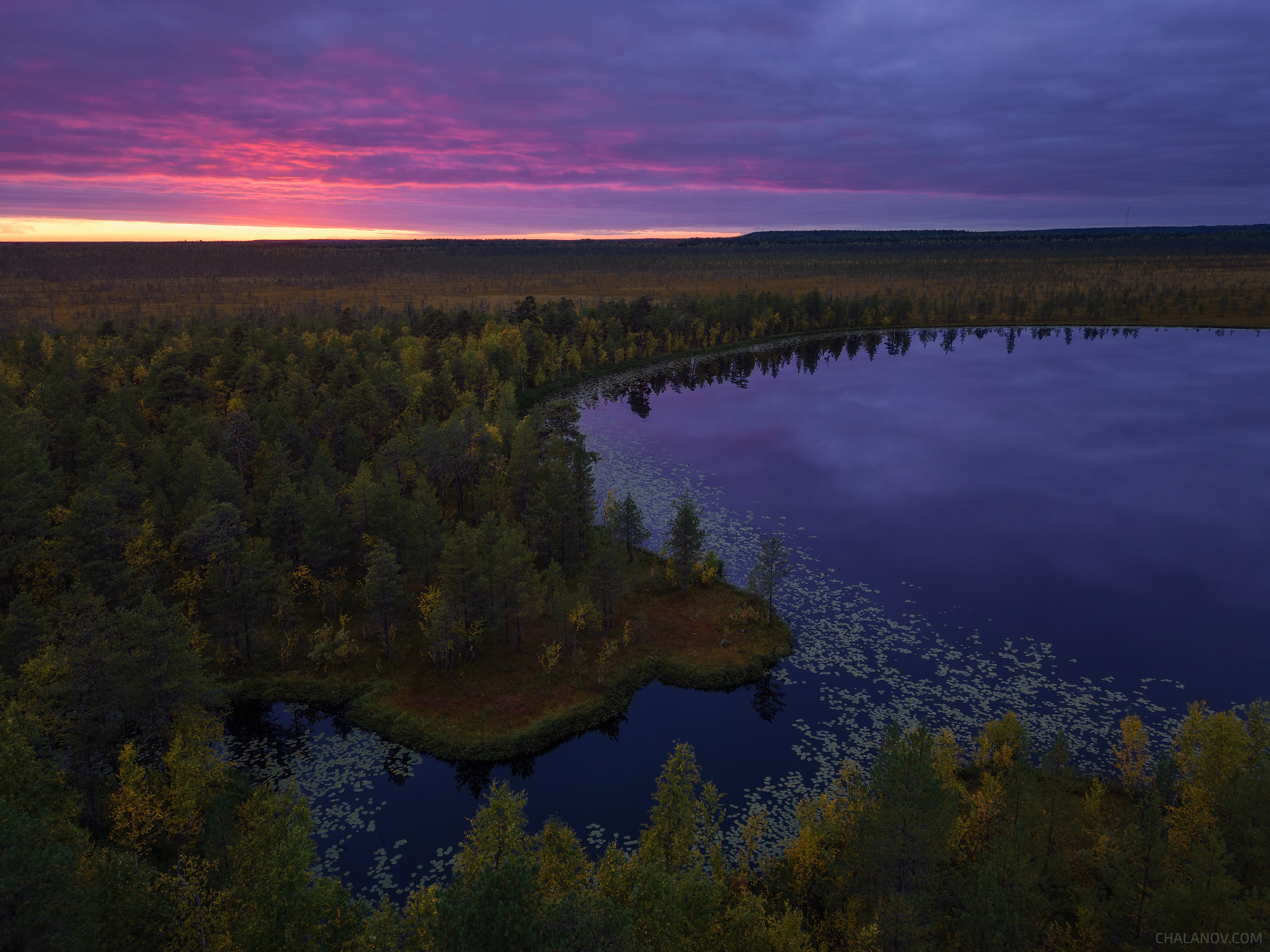 пейзаж, закат, озеро, осень, север, тайга, лес, Иван Чаланов
