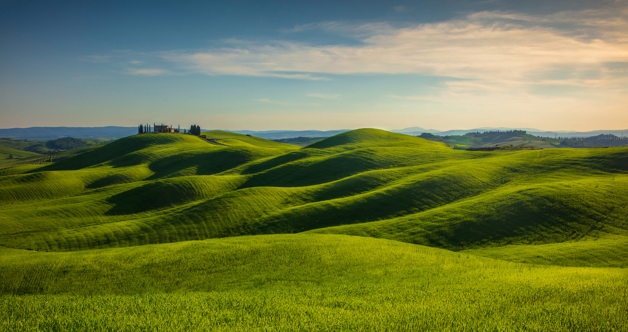 tuscany, landscape, italy, villa, pienza, house on the hill, spring, cypresses, sunrise,  Gregor