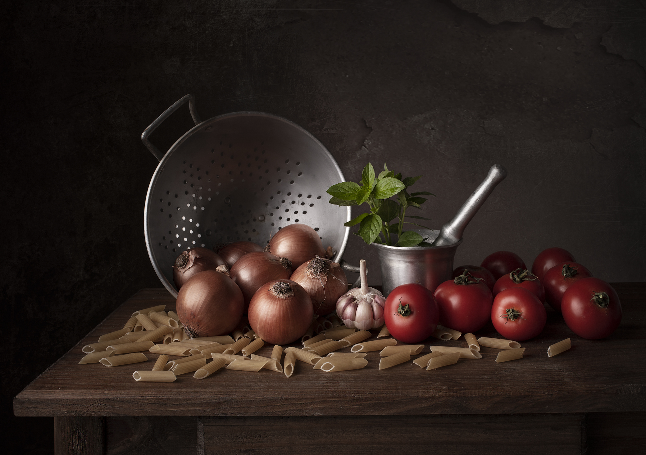 Still life, Noodle, Tomatoes,Basil, onion, Maria Margareth Perfoncio