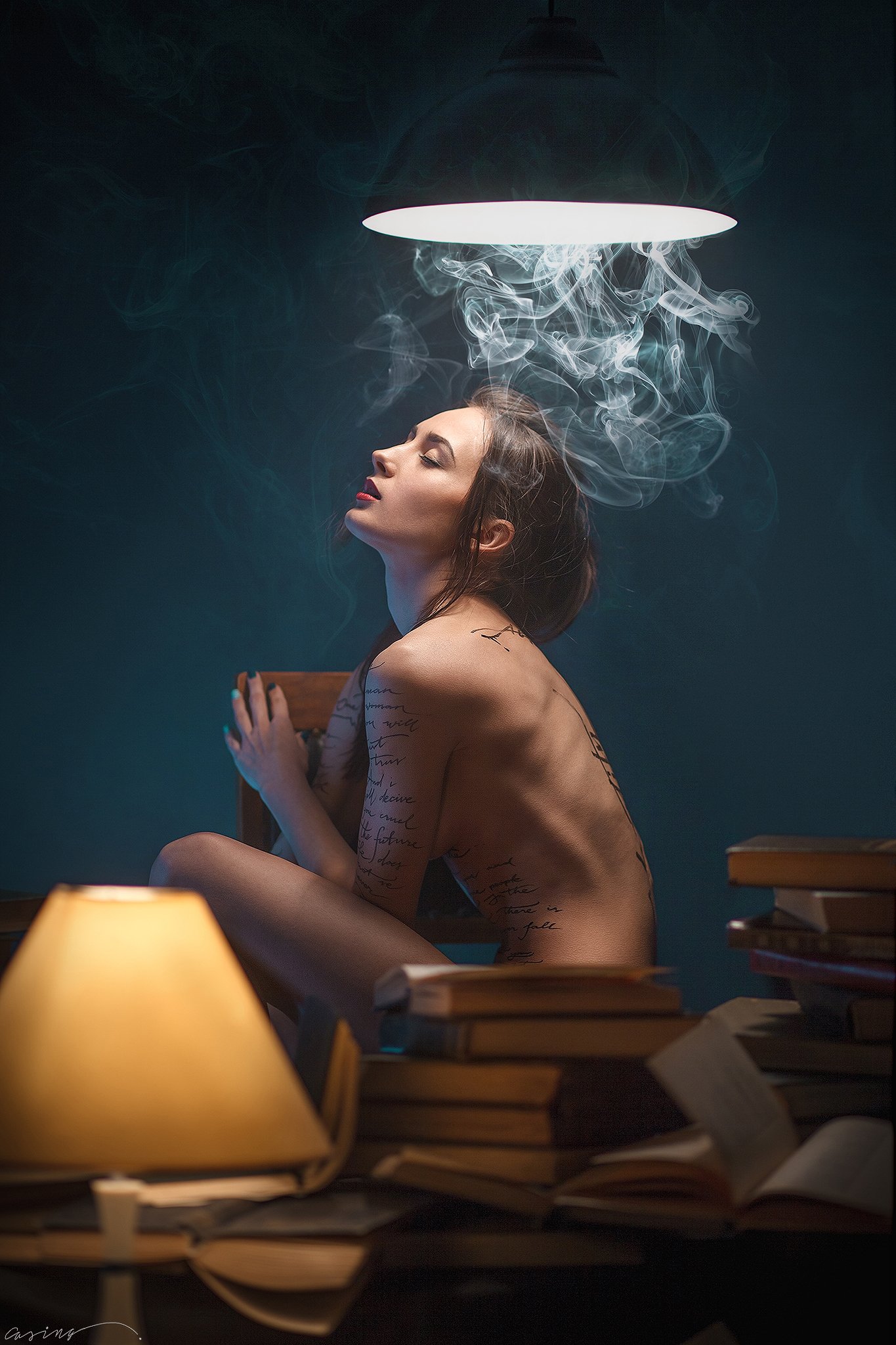 nude, beauty, beautiful, girl, body, caligraphy, library, books, book, lamp, smoke, lights, Casing