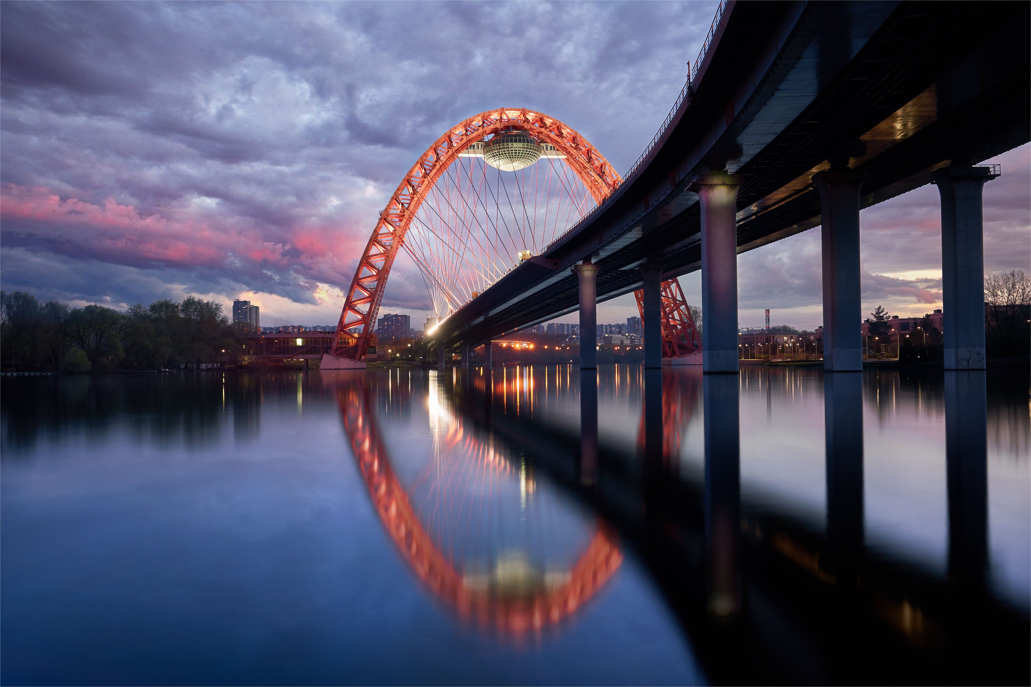 Город, архитектура, река, мост, вечер, небо, Михаил Кудрявцев