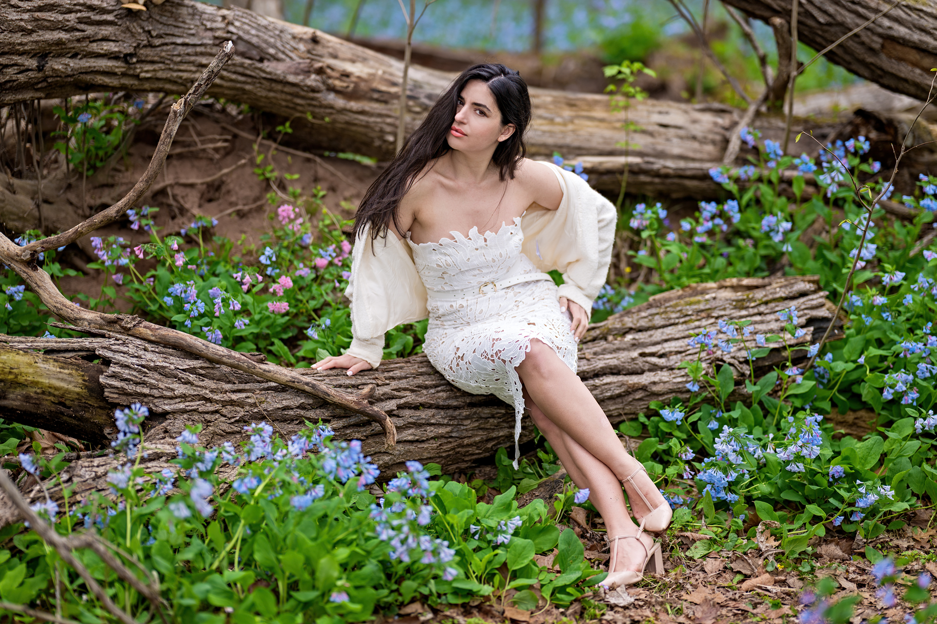 portrait, female portrait, model, logs, bluebells, Julius LIU