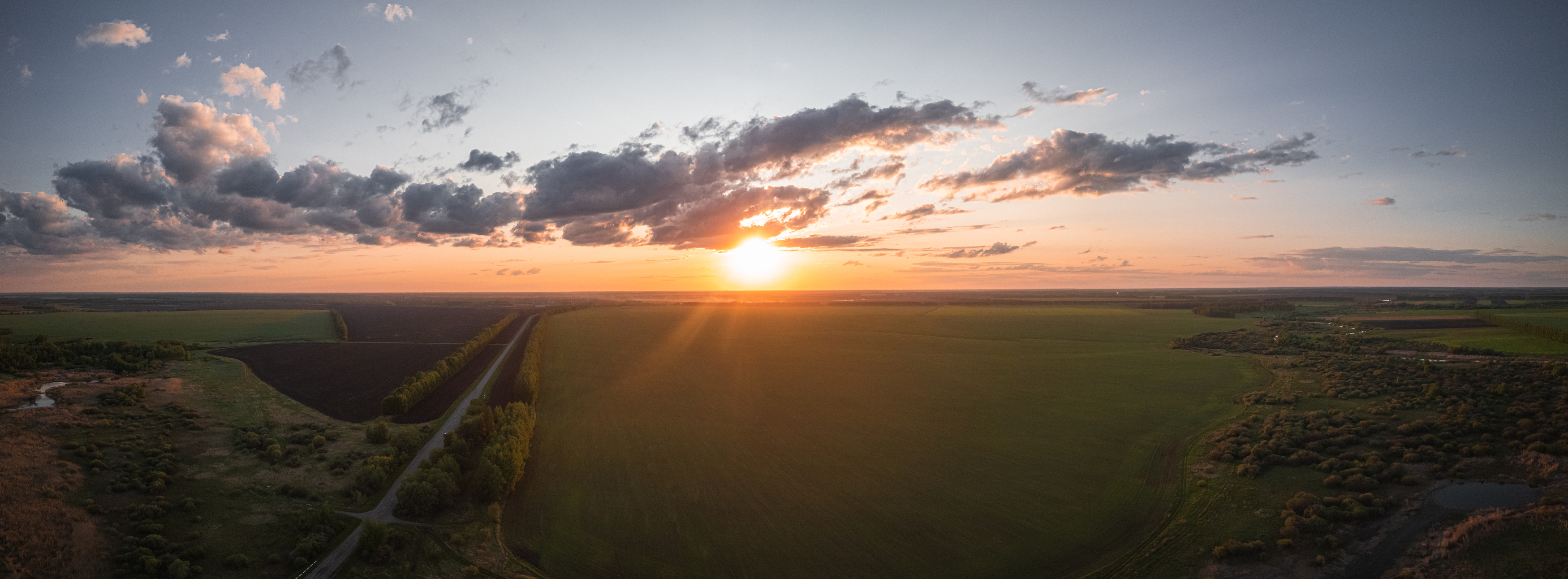 поля, закат, облака, дорога, Denis Koshkin