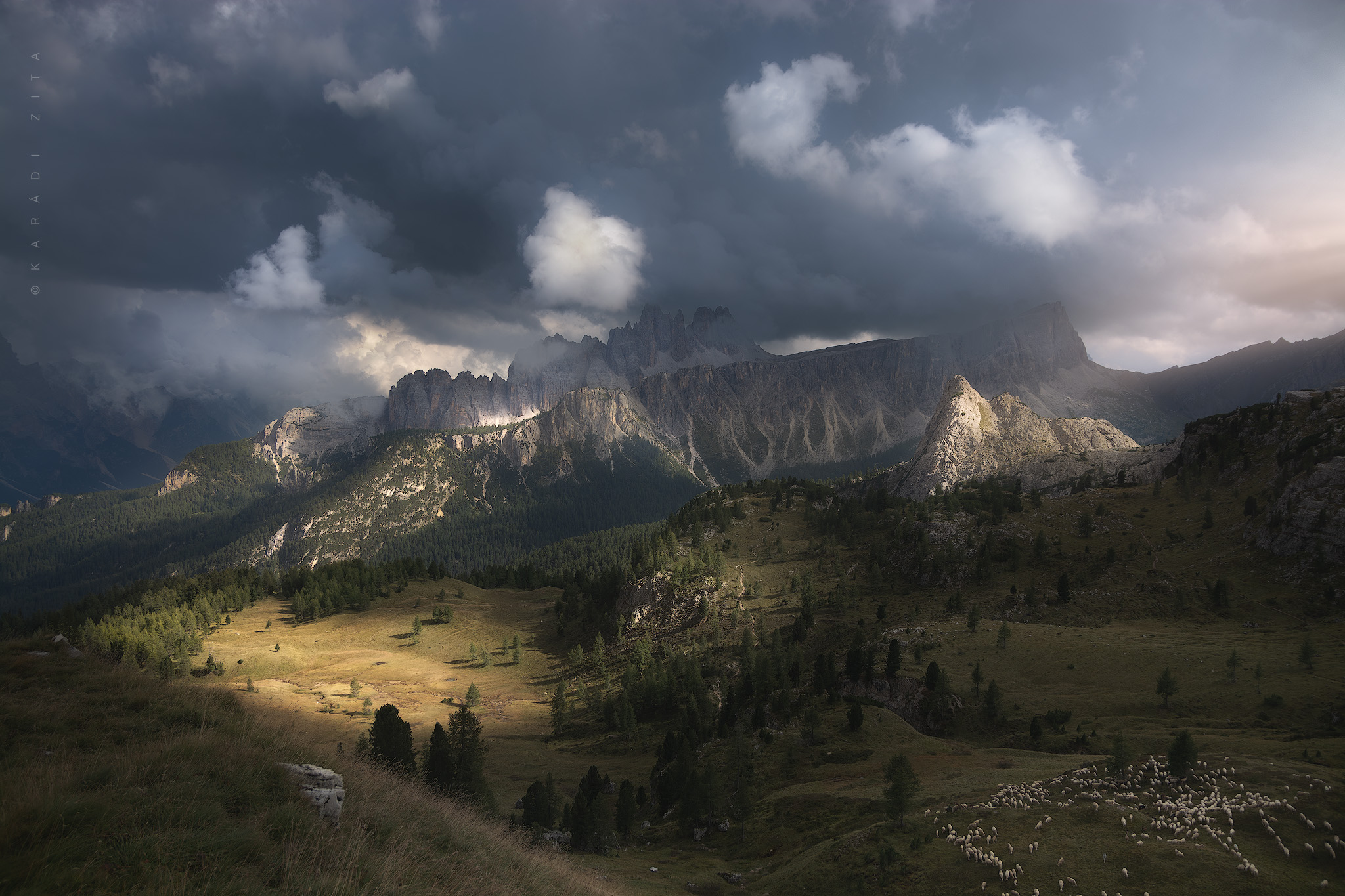dolomiti, dolomites, sunrise, landscape, sky, sun, mountains, clouds, trees, italy, calm, morning, Karádi Zita