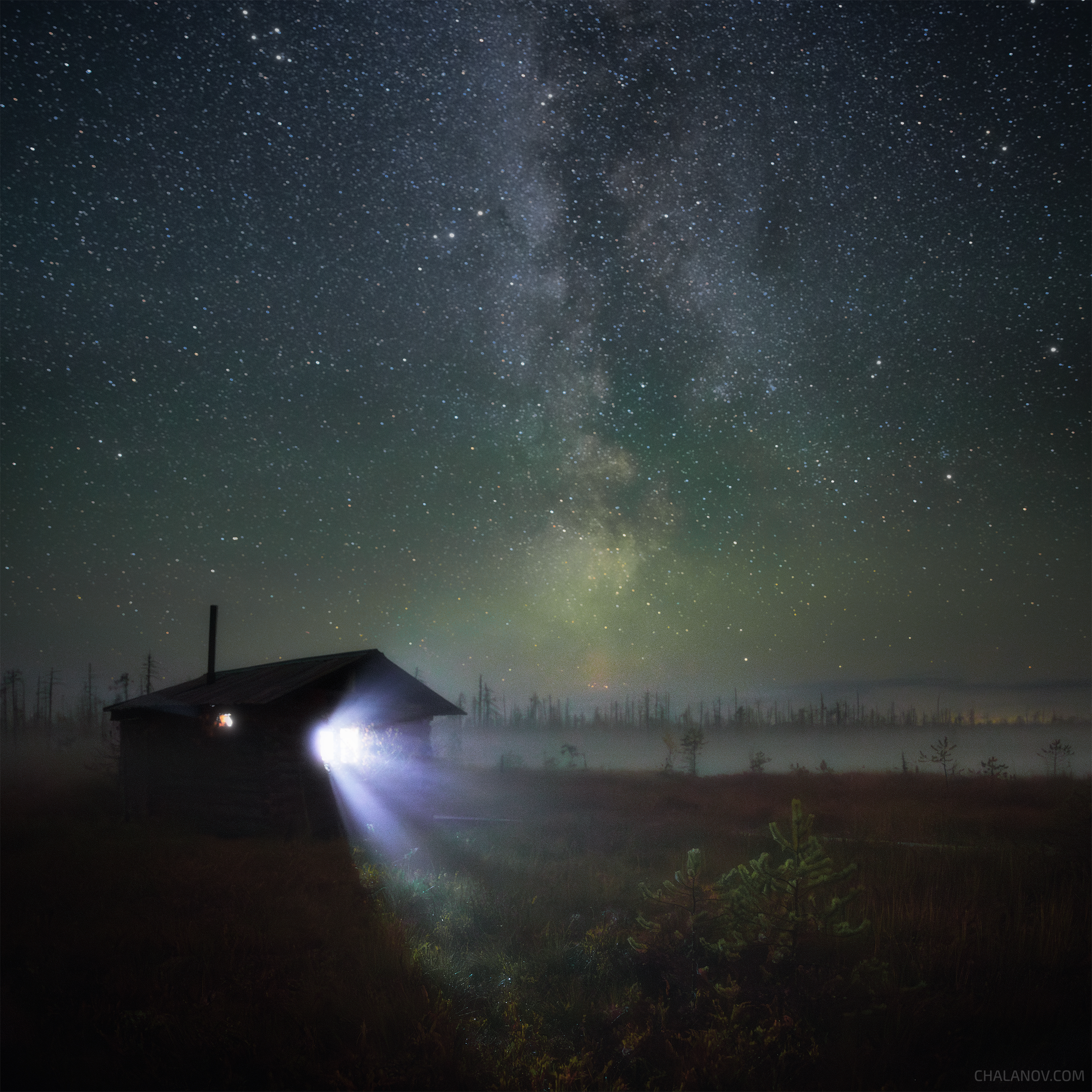 пейзаж, туман, звезды, млечный путь, озеро, болото, север, Иван Чаланов