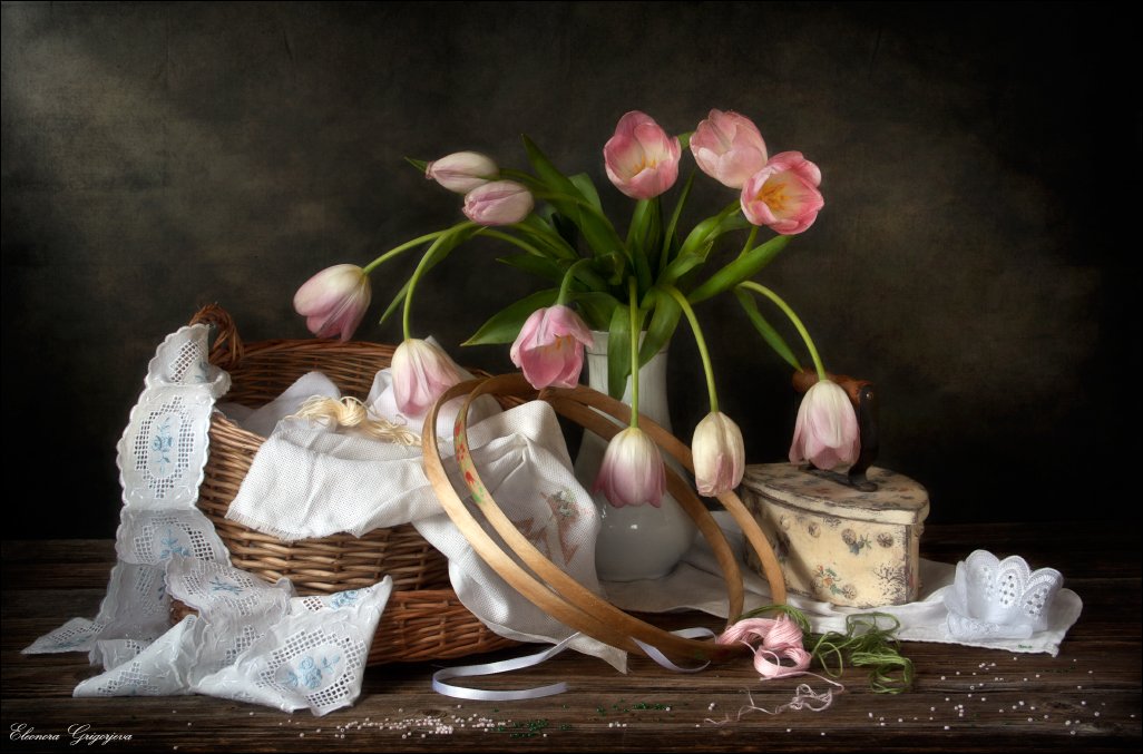 весна, вышивка, корзинка, мулине, натюрморт, рукоделие, тюльпаны, Eleonora Grigorjeva