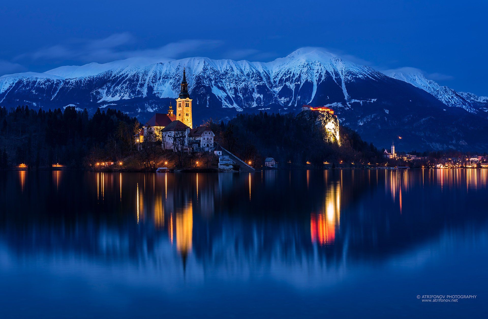 Bled, lake, Slovenia, Europe, night, mountain, winter, church, island, water, blue hour, snow, Alps, lights, rewflections, Andrey Trifonov