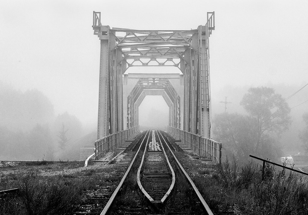 мост, тверская область, утро, туман, лето, чб, черно-белое, Денис Доронин