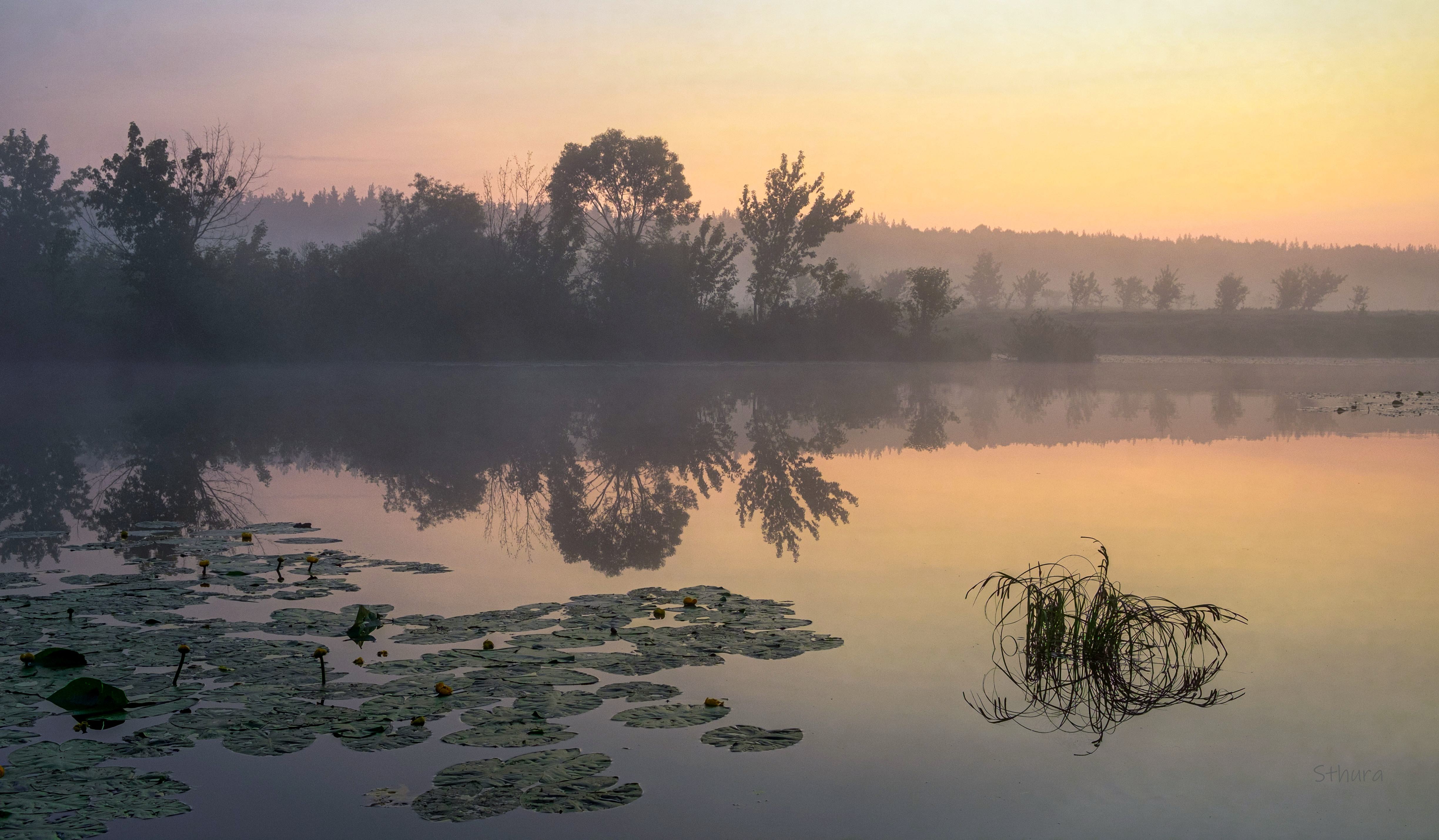 лето озеро рассвет туман природа пейзаж, Александр Строков