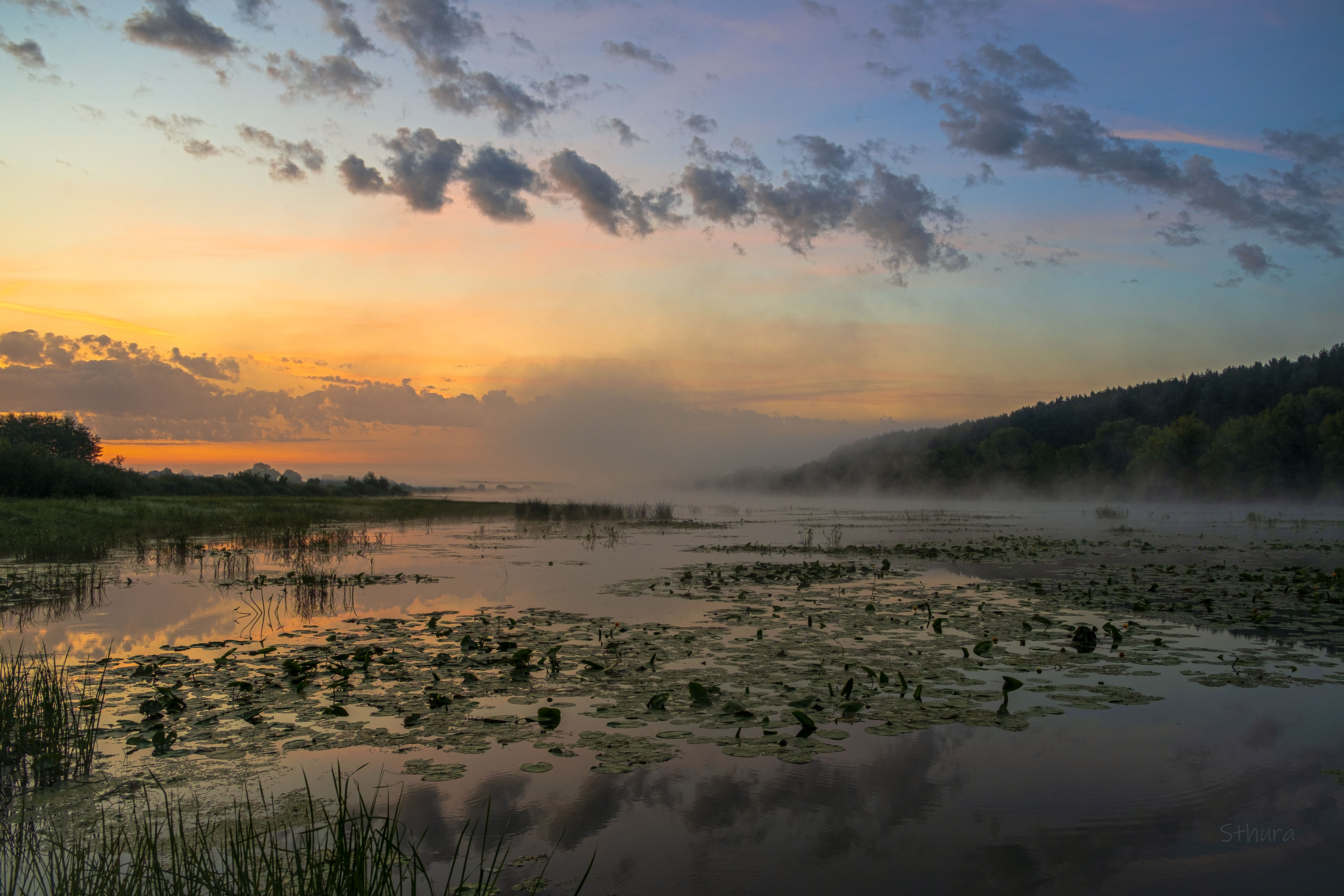 лето озеро рассвет облака отражение природа пейзаж, Александр Строков