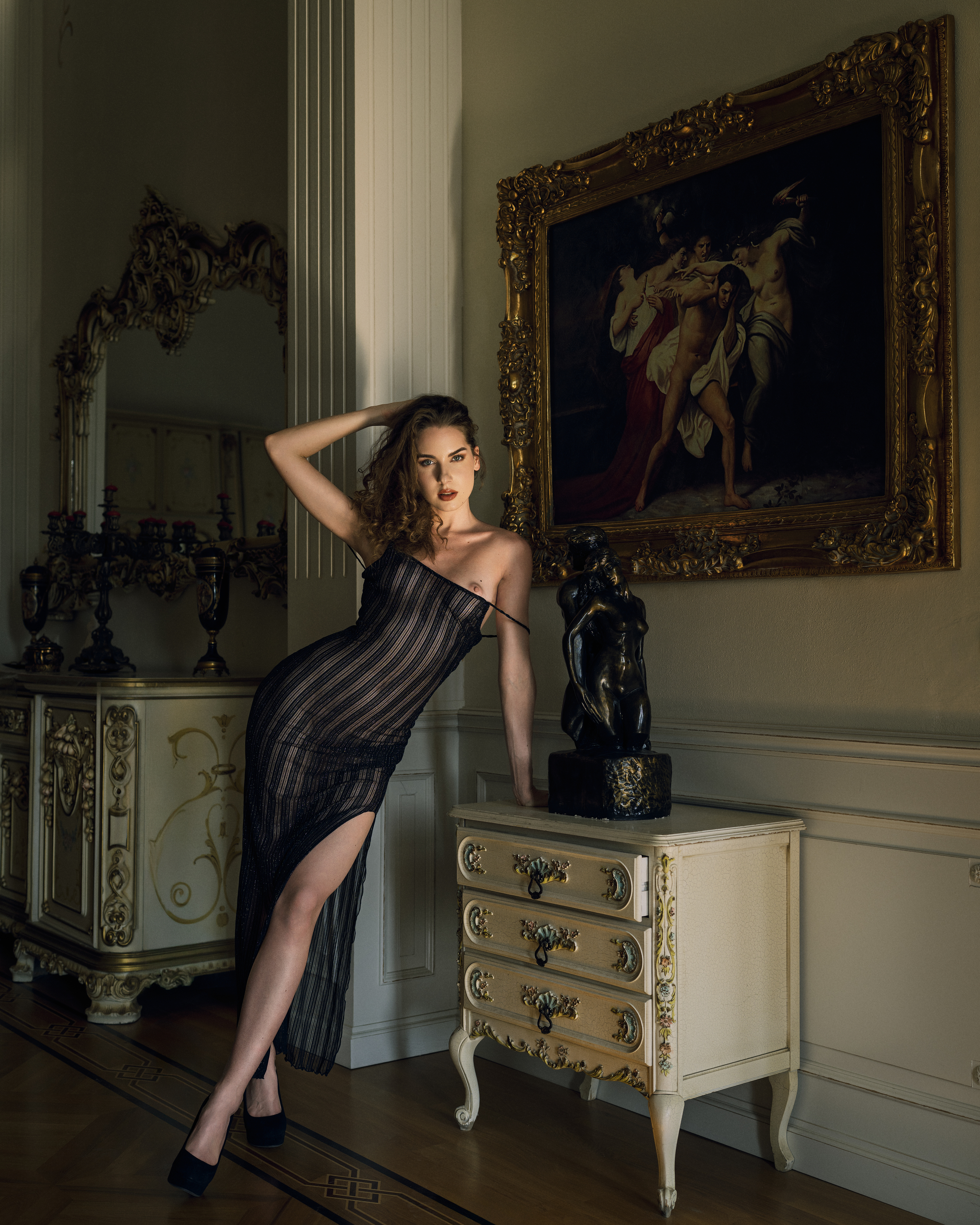 artistic nude, beautiful woman, captivating gaze, elegant pose, feminine grace, front view, intimate portraiture, lingerie, looking at camera, one person, poetic sensuality, renaissance style, sensual elegance, standing, vintage aesthetic, young woman, Alex Tsarfin