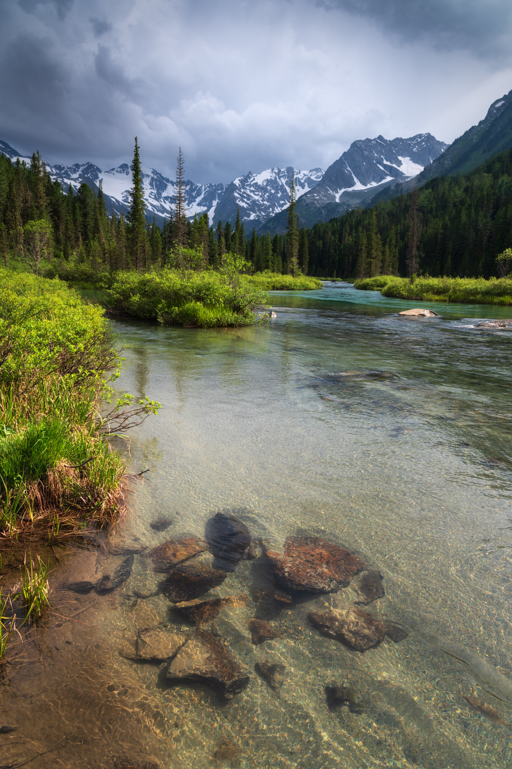 алтай, горный алтай, пейзажи алтая, усть-коксинский район, горная река, летний алтай, горы, катунский заповедник, мульта, горная тайга, грозовое небо, Рубан Елена