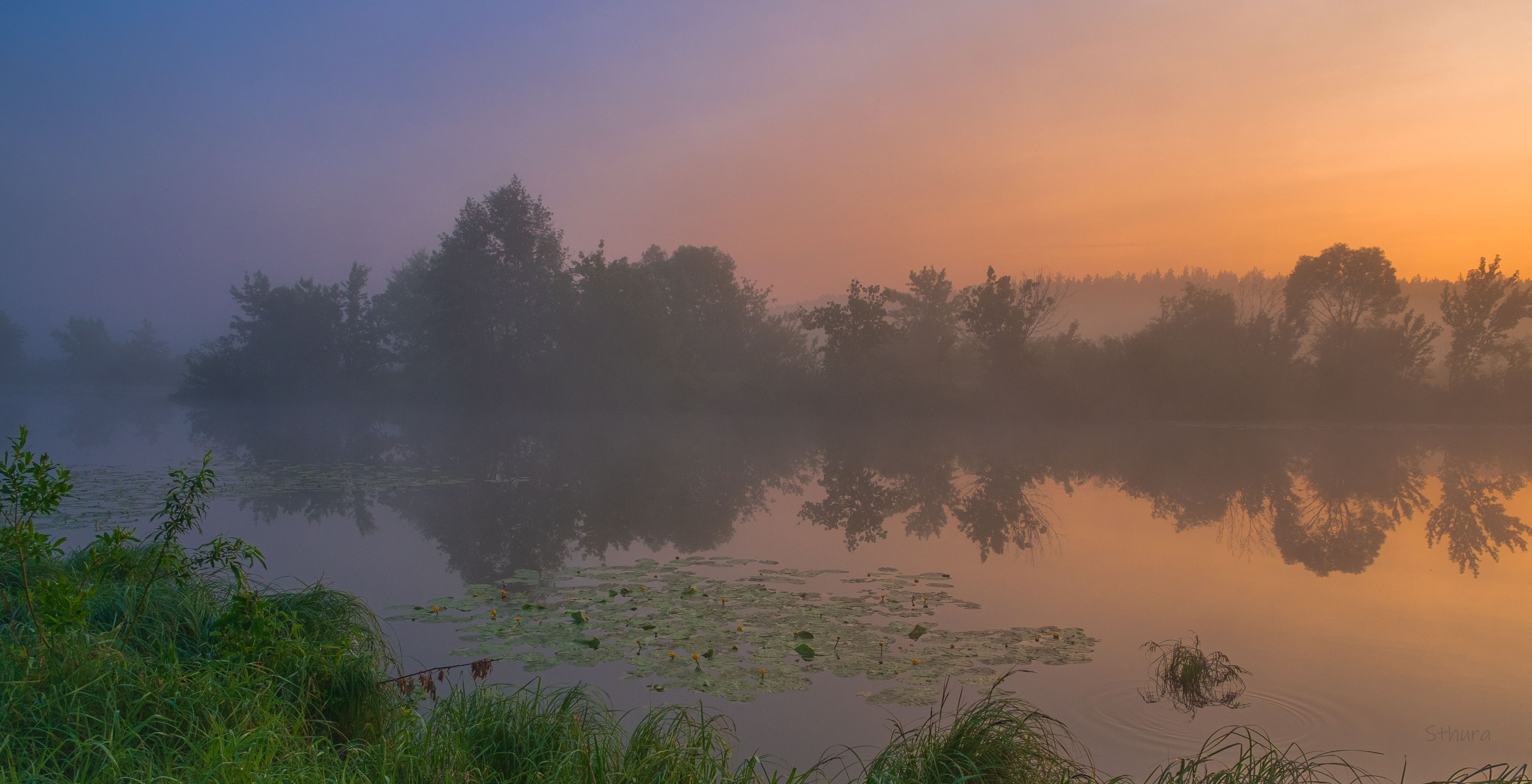 лето озеро туман рассвет природа пейзаж, Александр Строков