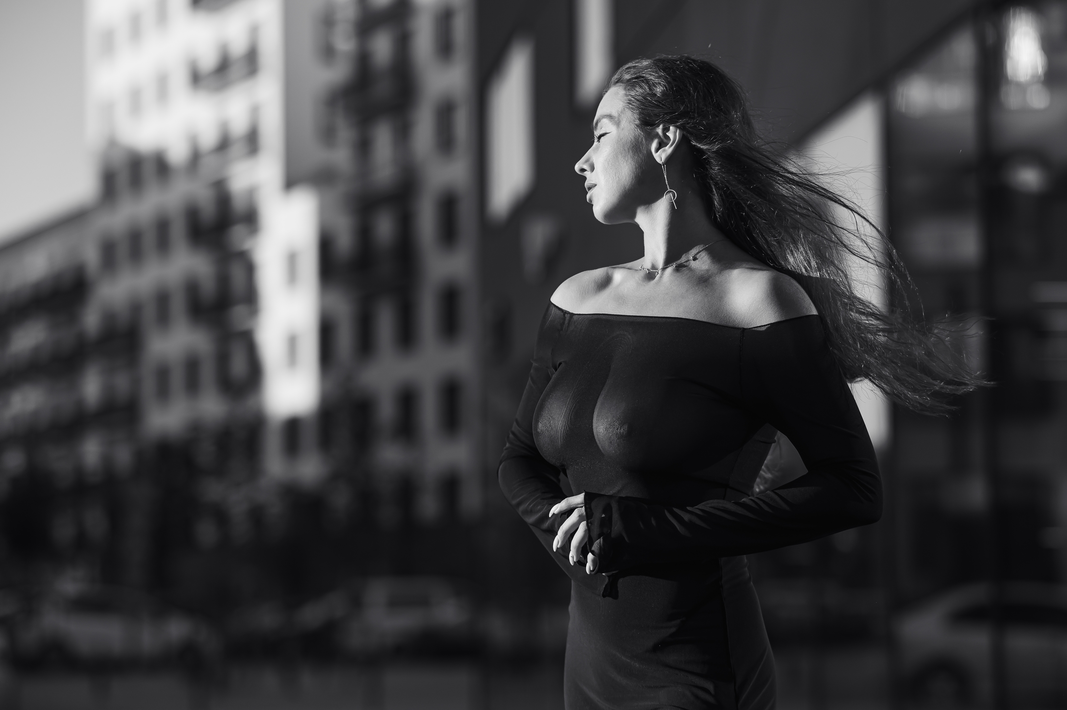 чб, прозрачное платье, город, утро, эротика, Михаил Решетников