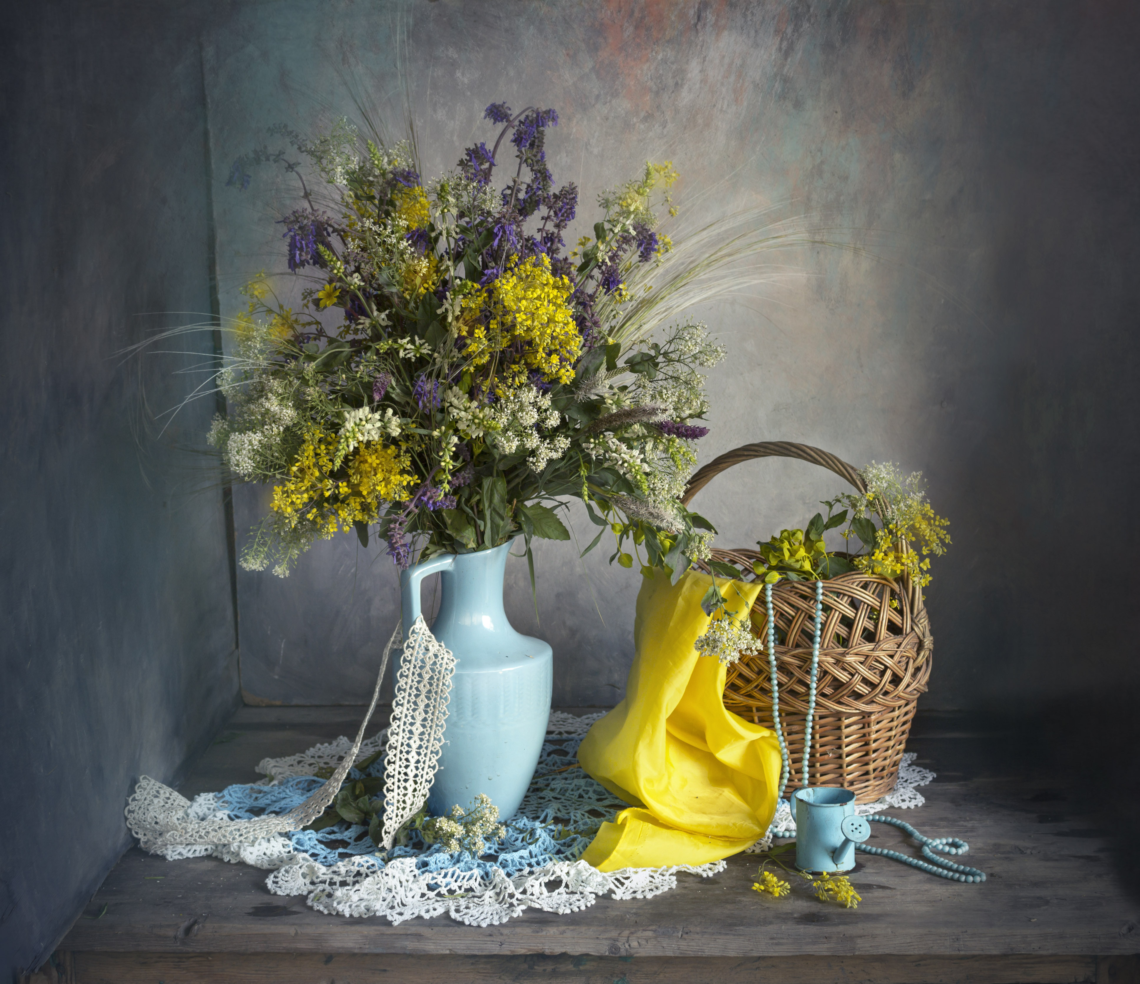 цветы, букет, полевые, голубой кувшин, корзина, Зимина Лионелла