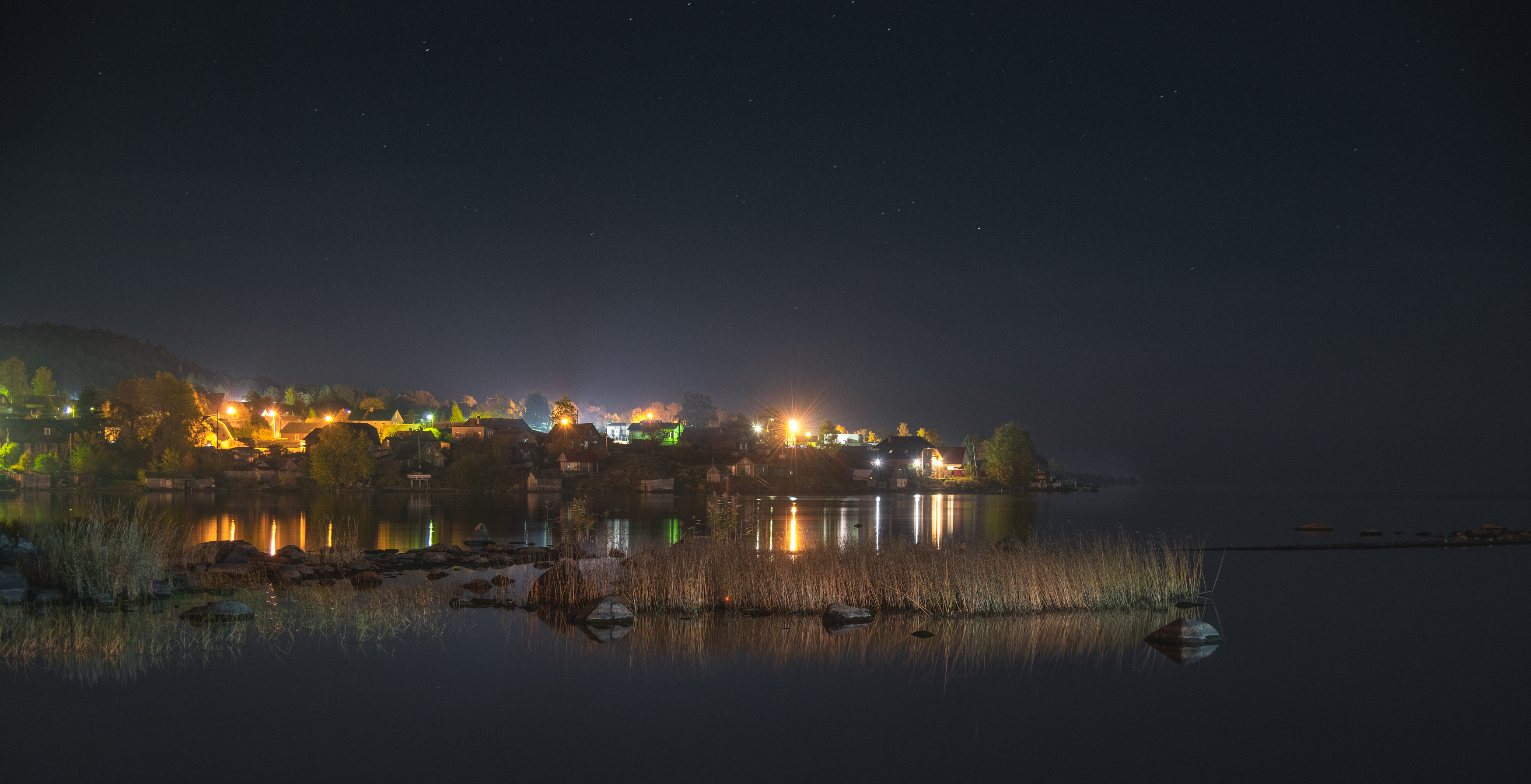 Карелия, деревня, озеро, трава, ночь, звезды, Denis Koshkin