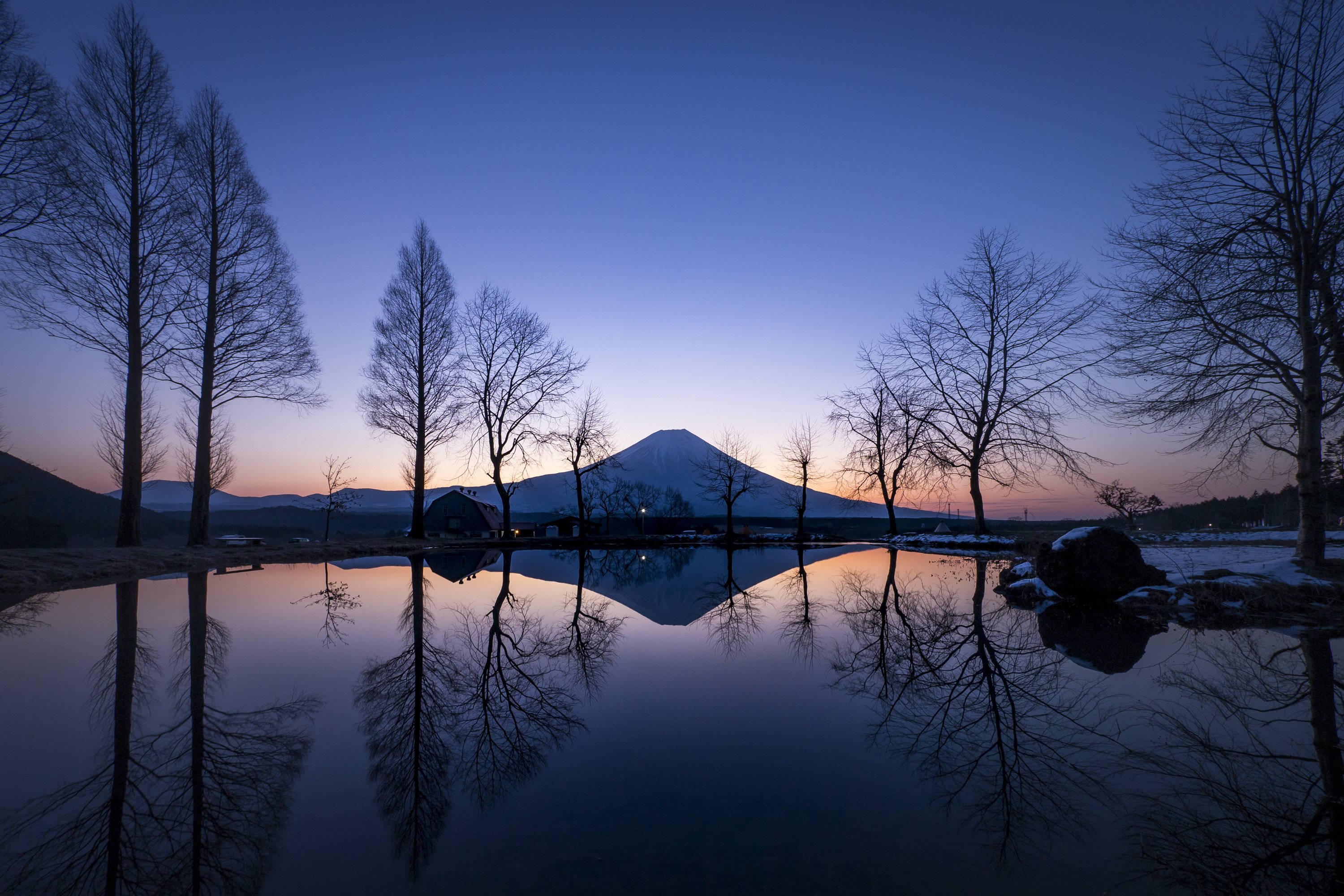 Fuji,mountain,tree,water,lake,reflection,blue,pink,sunrise,morning,perfect,beautiful, Takashi