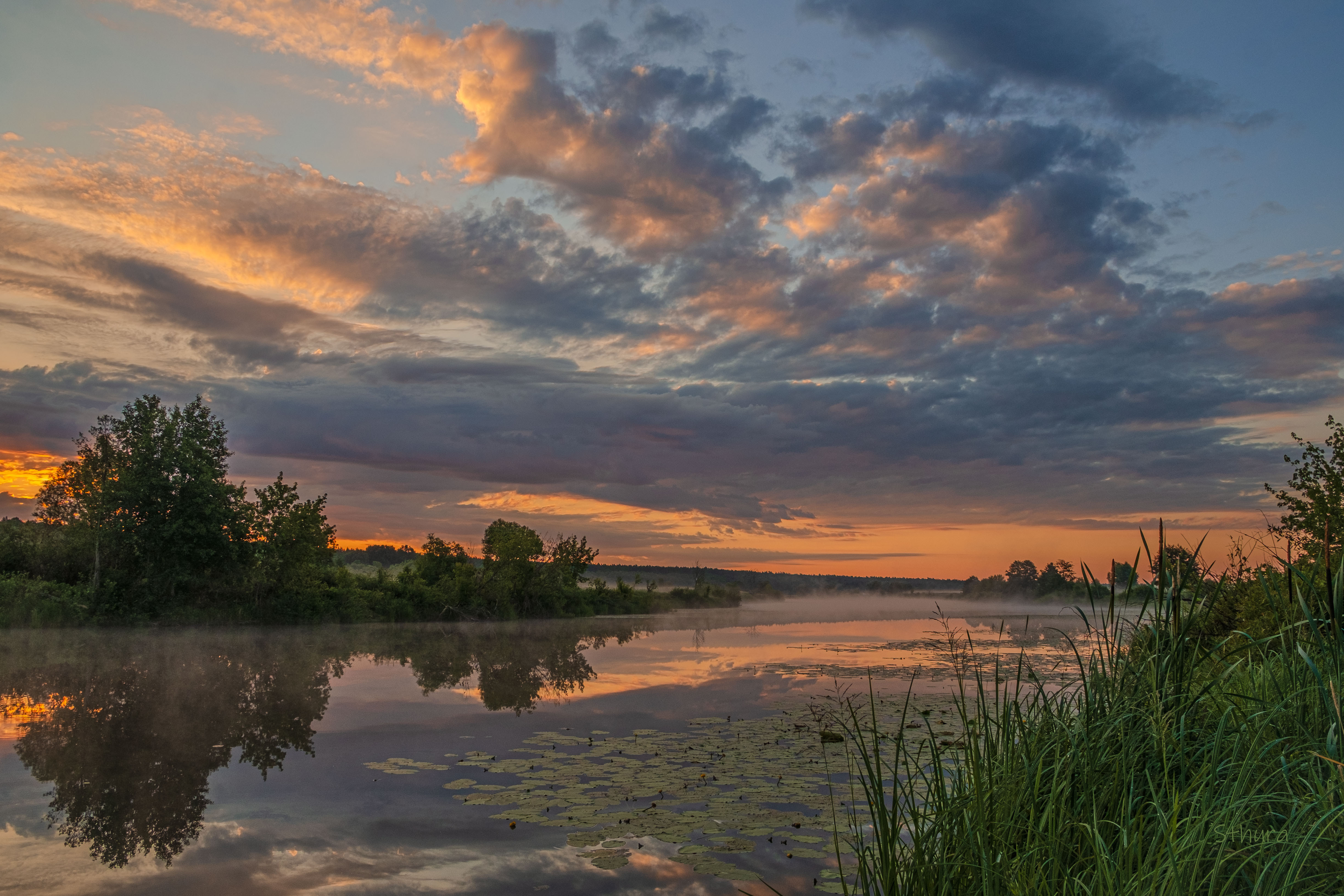 лето озеро рассвет облака туман природа пейзаж, Александр Строков