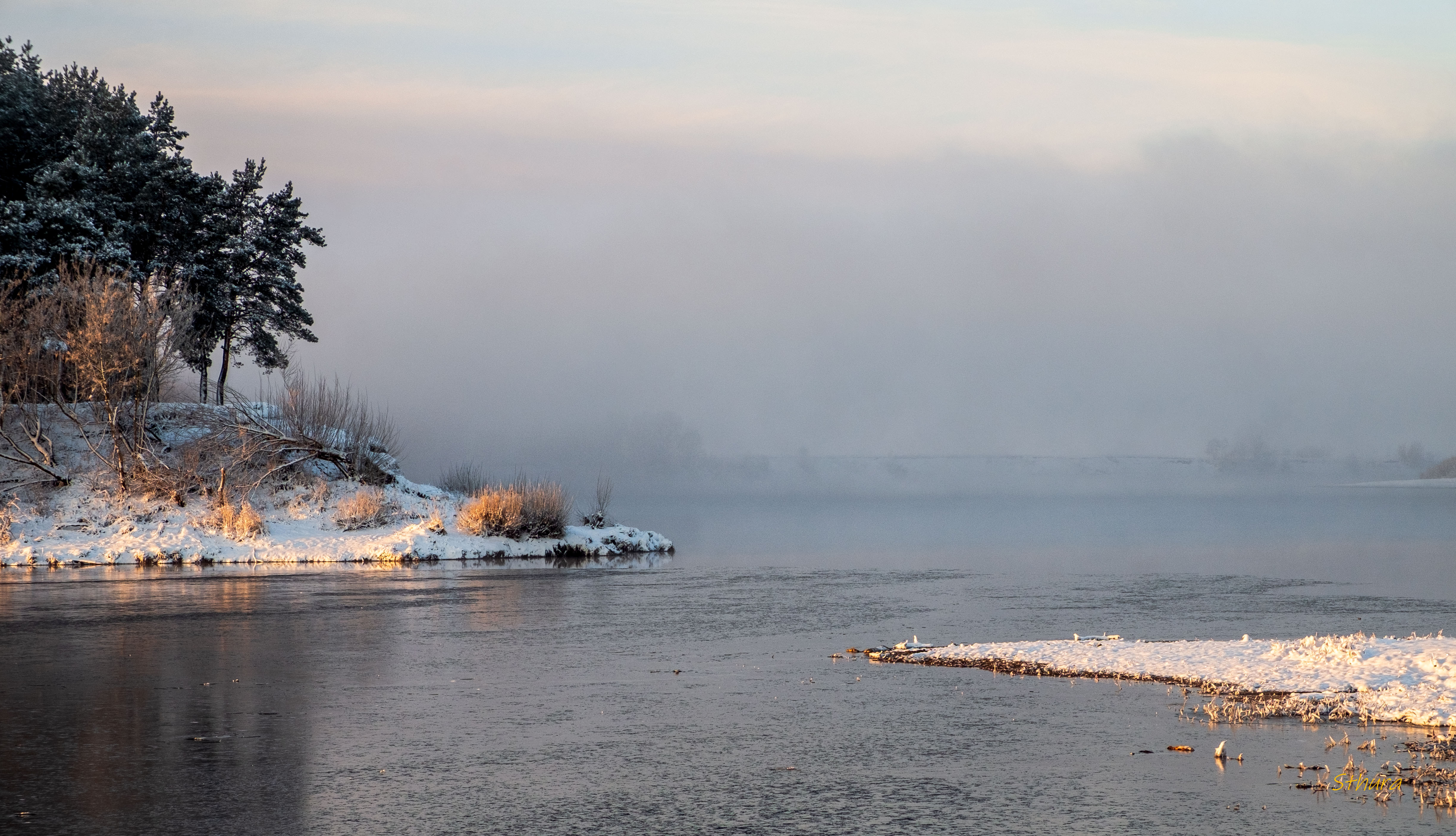 весна озеро река туман снег утро лес пейзаж природа, Александр Строков
