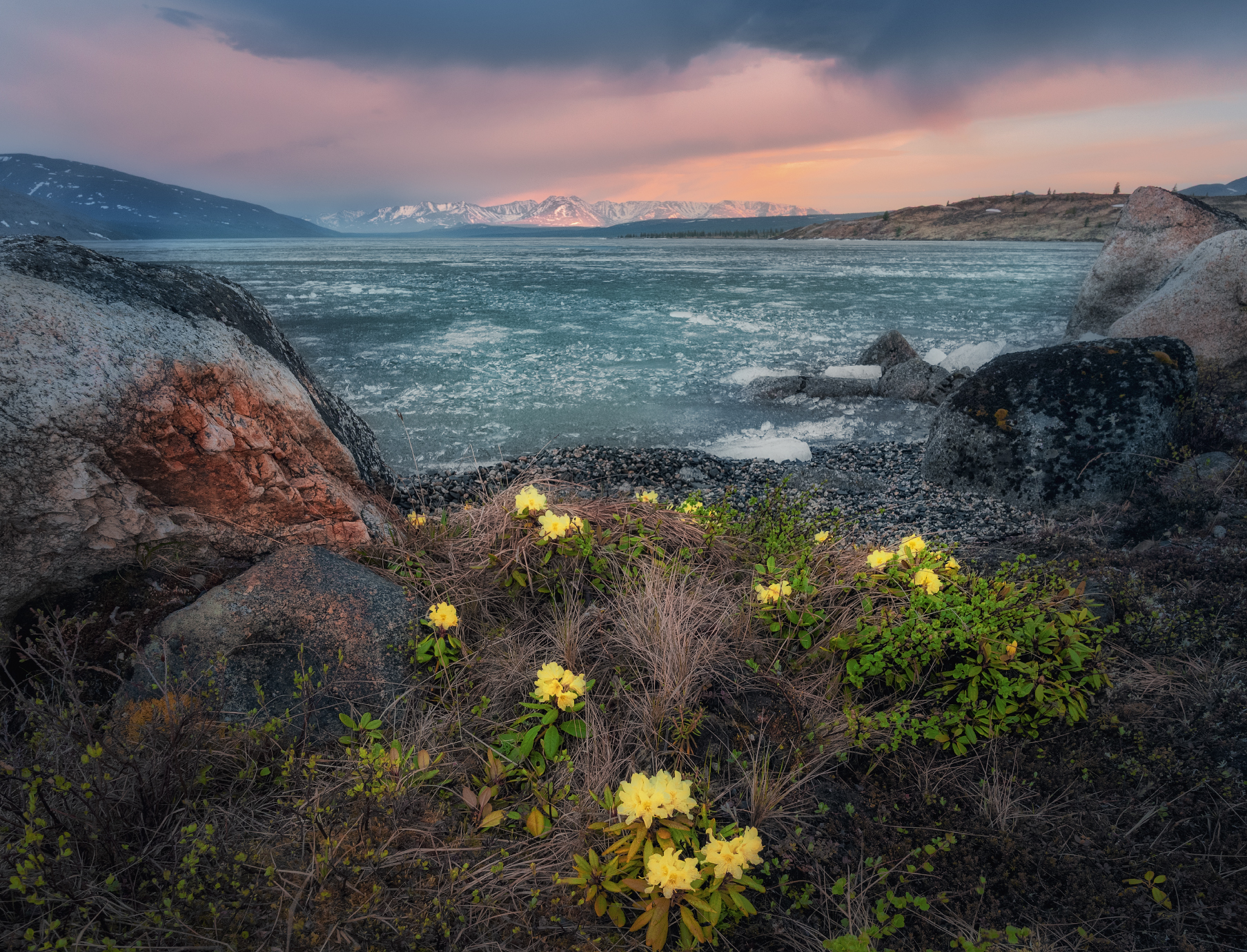 Озеро_Момонтай пейзажи_Колымы Магаданская_область июньский_лёд закат вечер белые_ночи, Шишкин Дмитрий