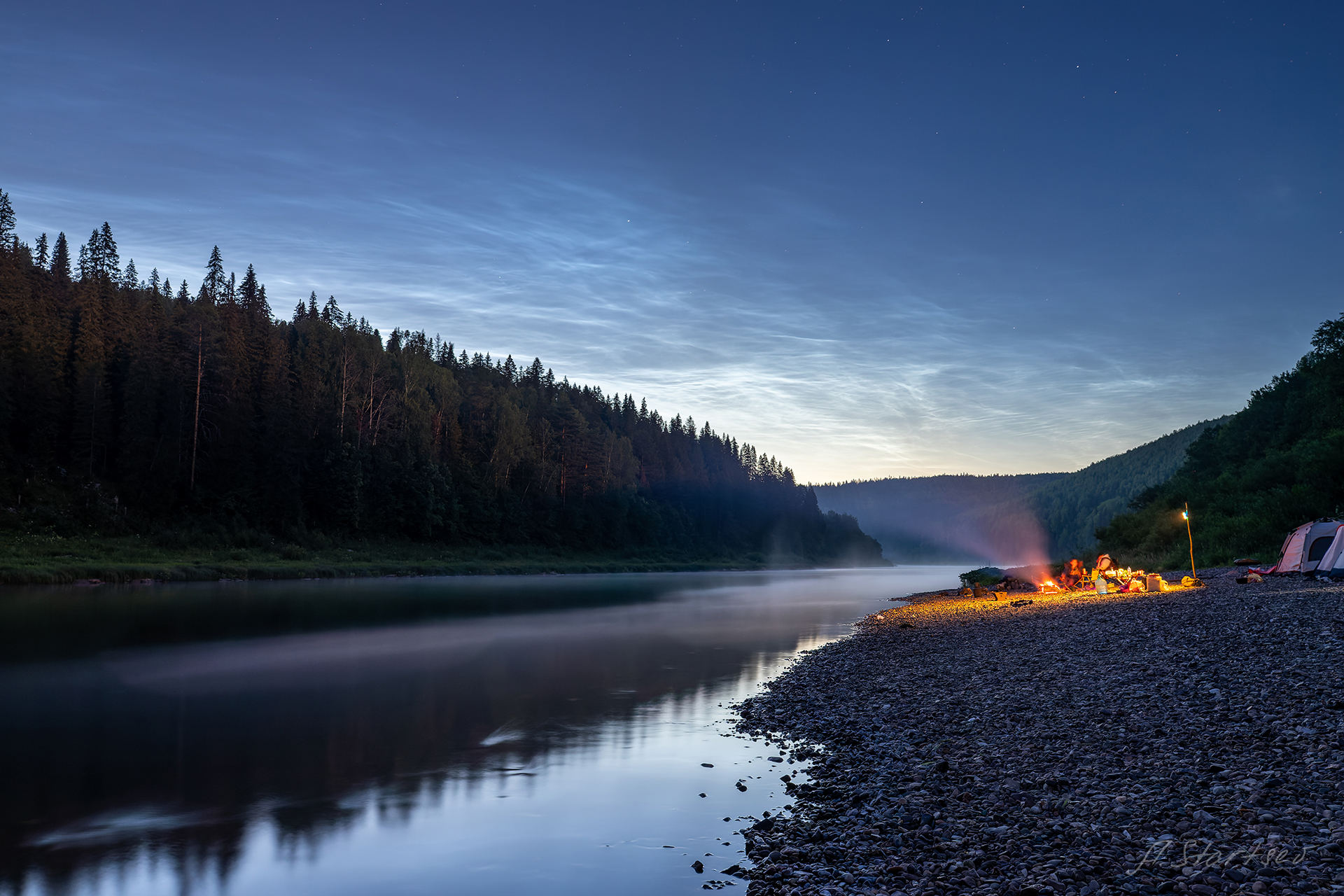 ночь, лето, река, чусовая, серебристые облака, вечер, пермский край, Старцев Андрей