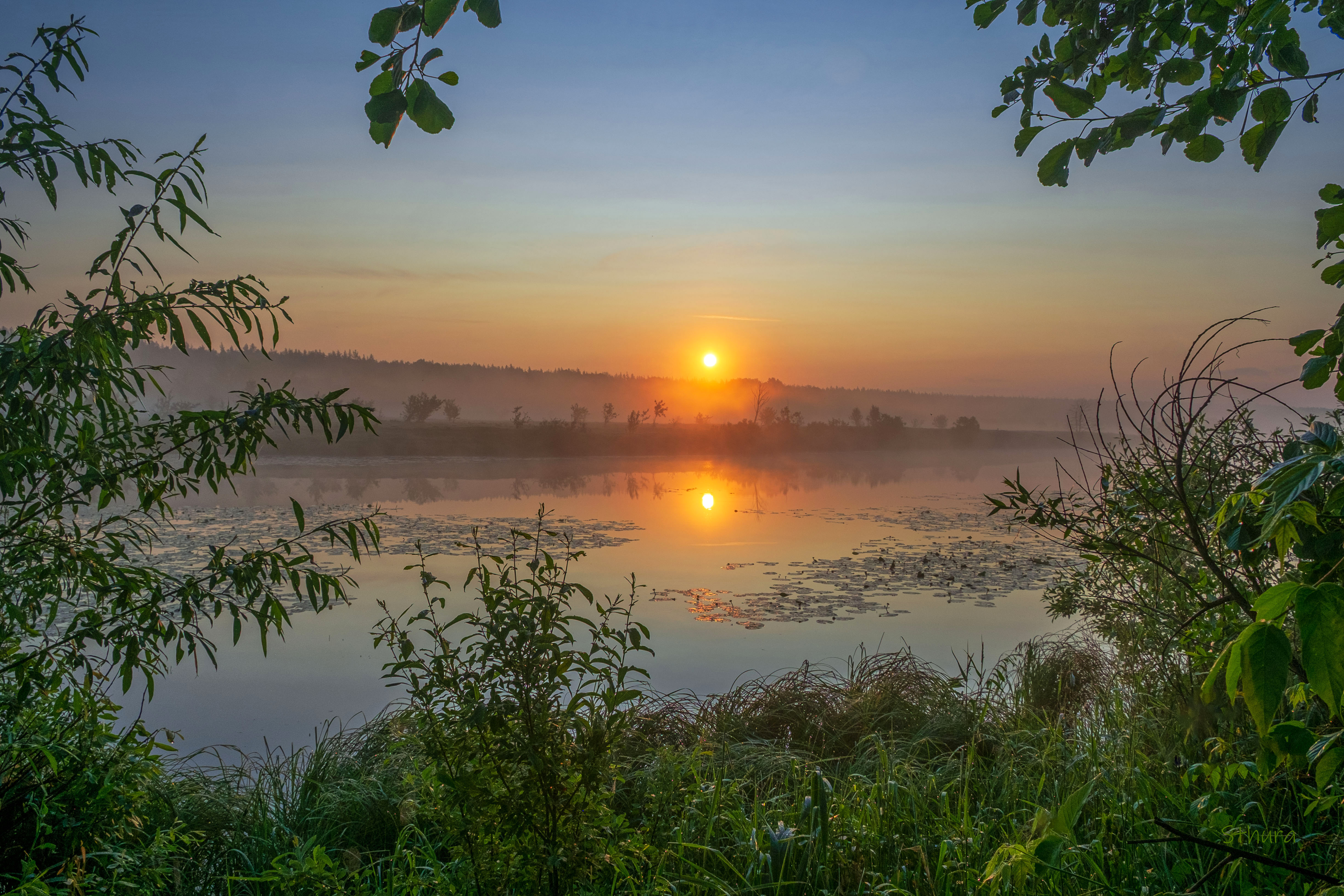 лето озеро рассвет туман природа пейзаж, Александр Строков