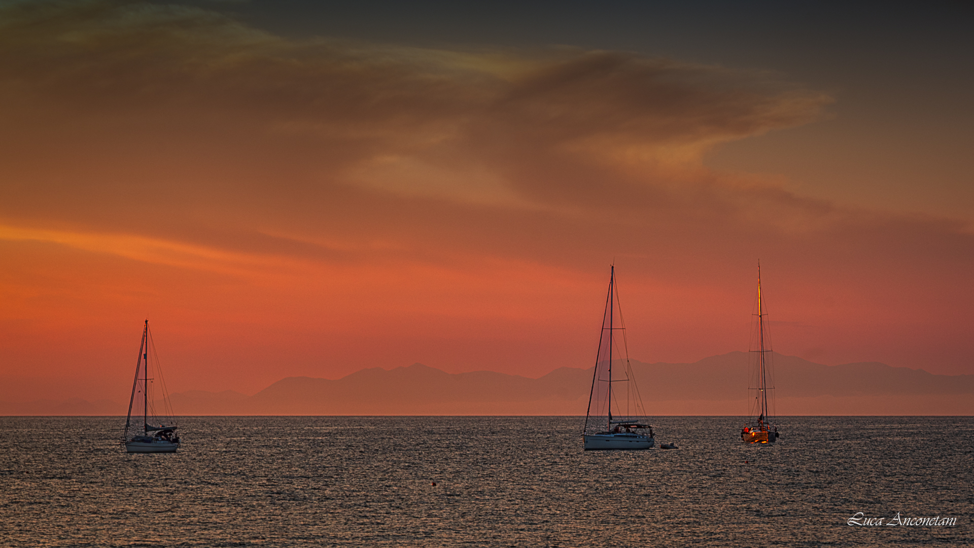 landscape sunset colors procida italy sea boats, Anconetani Luca