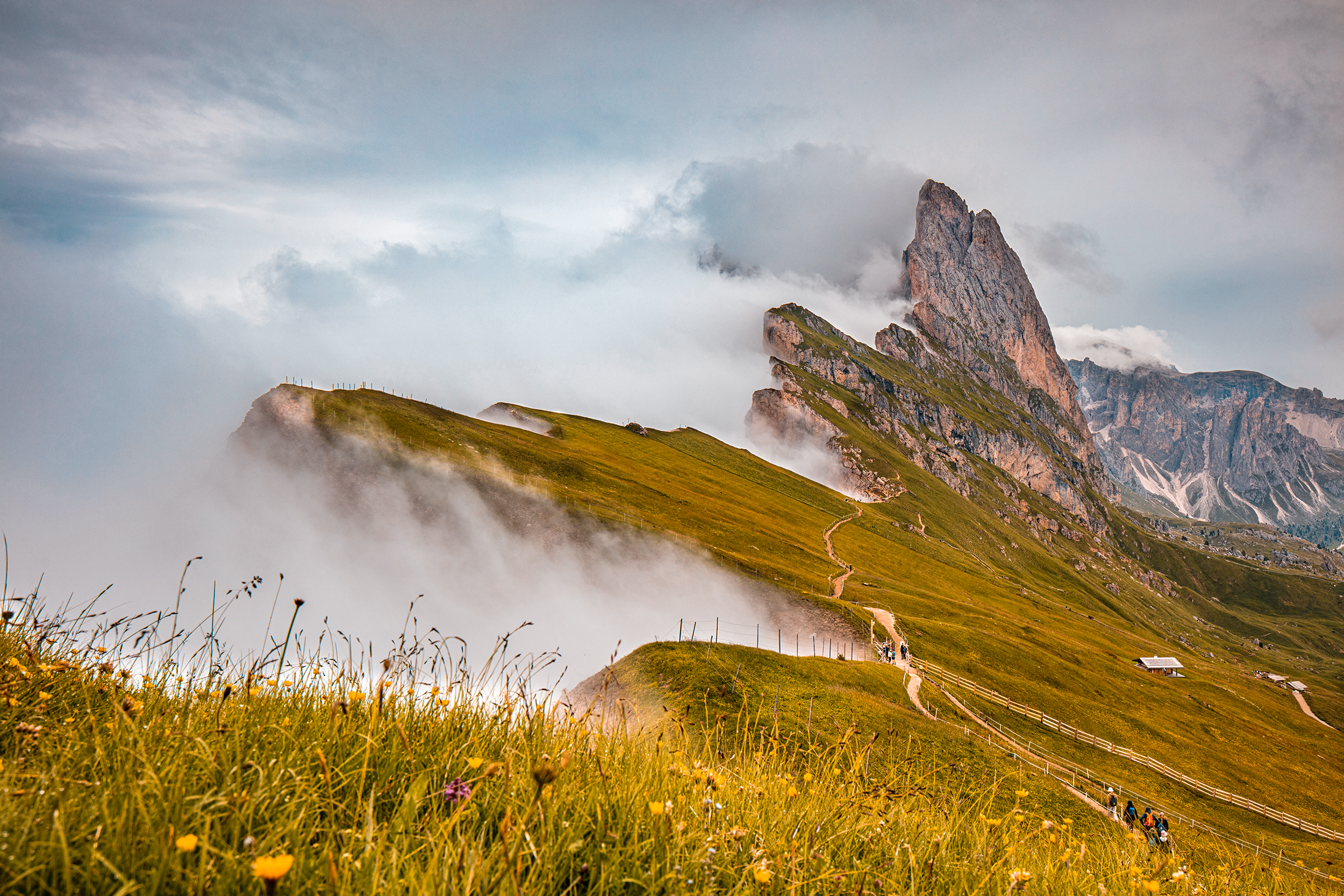 alps, mountains, italy, autumn, dolomites, autumn, grasses, seceda, fog,  Gregor