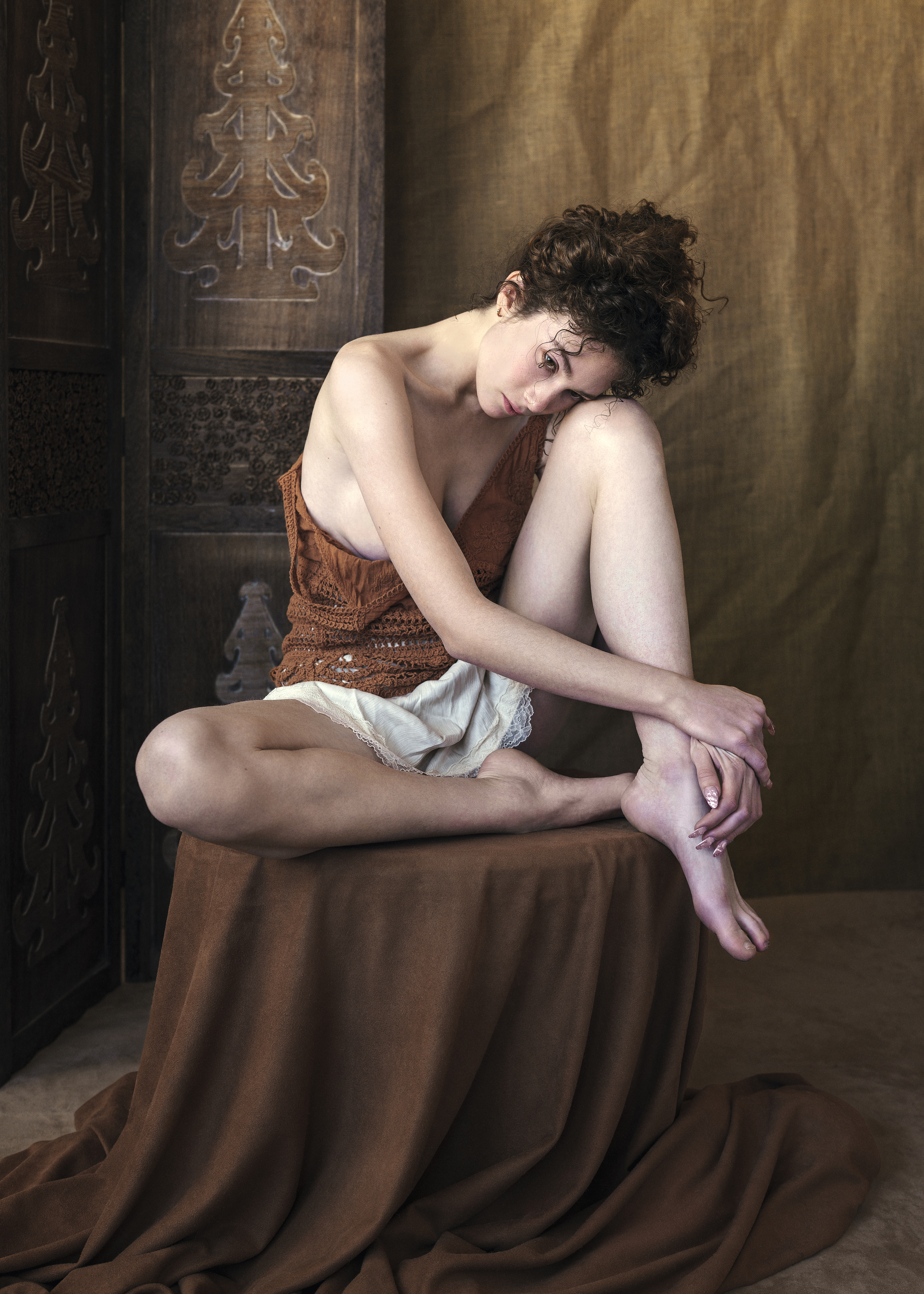 artistic photography, beautiful woman, brown tones, curly hair, delicate expression, emotional depth, front view, intimate portraiture, natural light, one person, painterly effect, poetic sensuality, thoughtful pose, vulnerable gaze, wooden screen, Alex Tsarfin