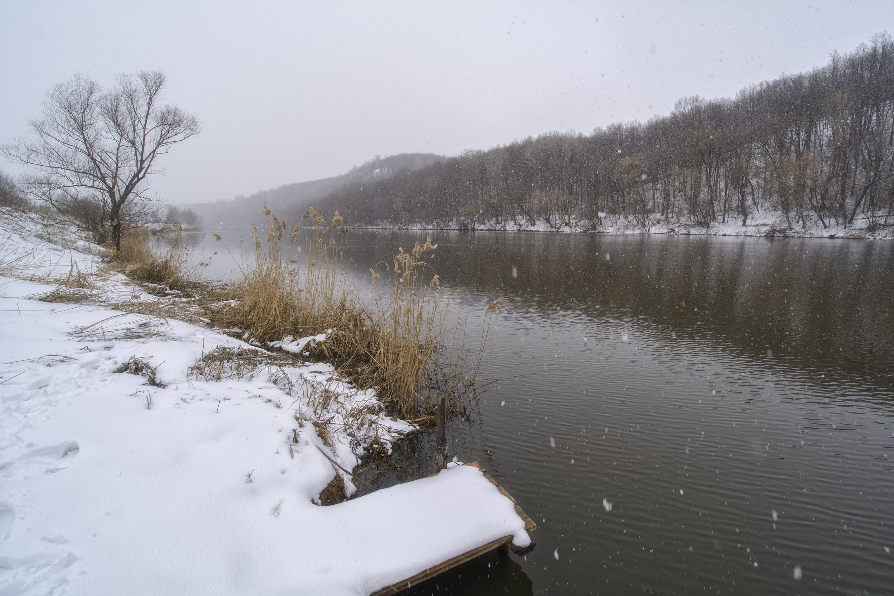 река, природа, пейзаж, снегопад, снег, Andrew Kolobov