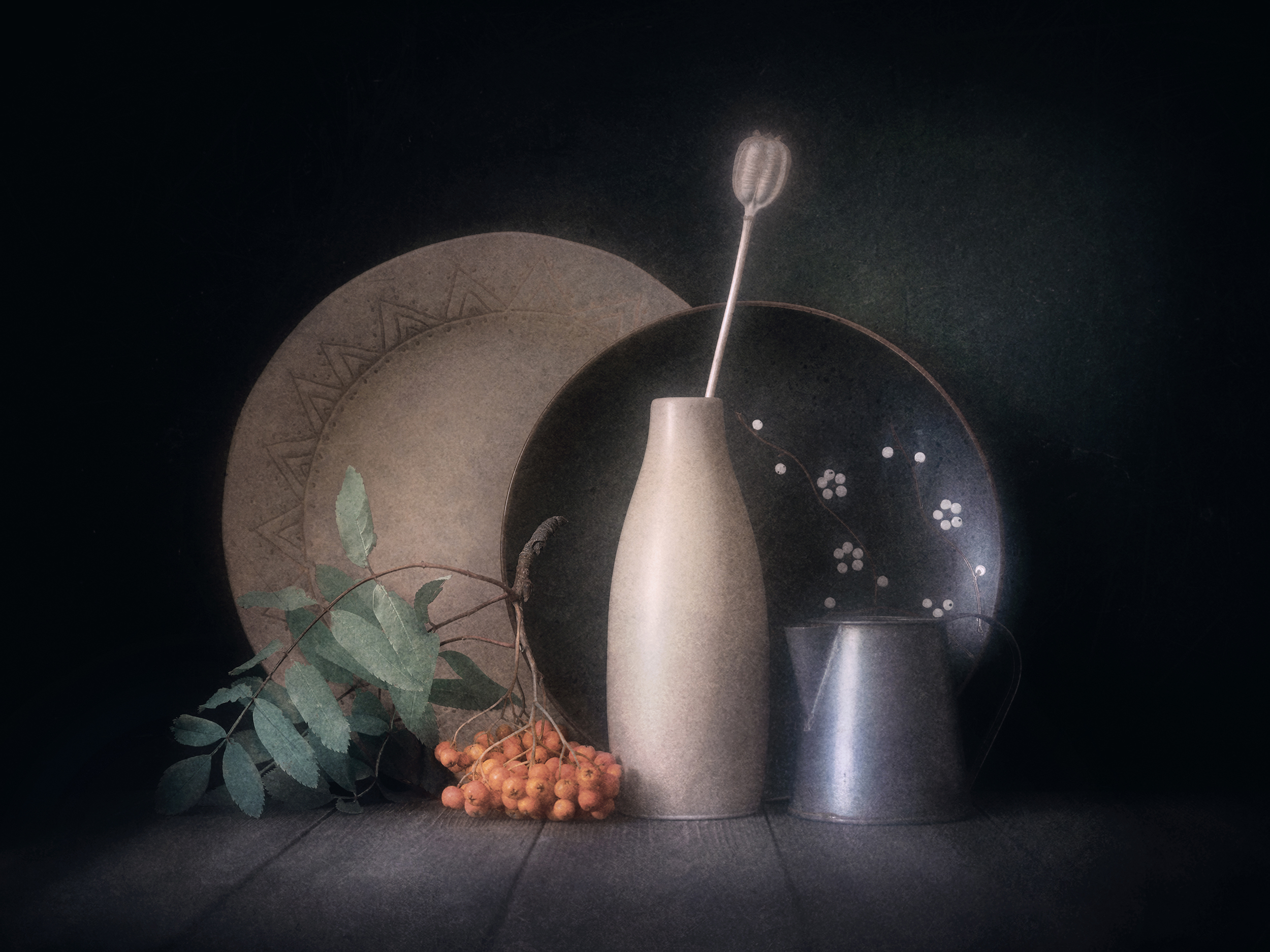 натюрморт, рябина, тюльпан, Сергей Кот