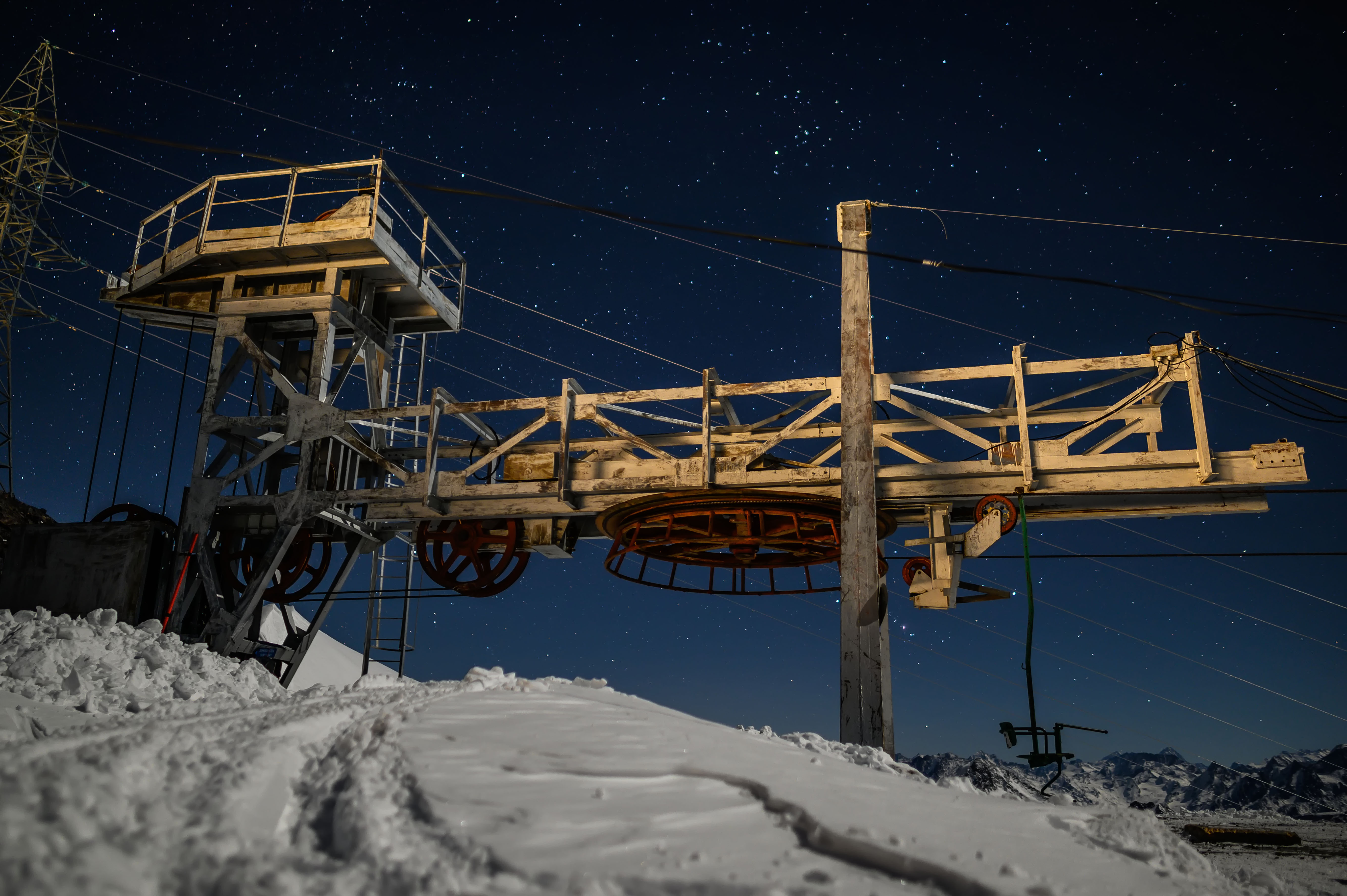 cable, night, caucasus, mountais, winter,  snow, highland, elbrus, constructions, funicular,, Бугримов Егор